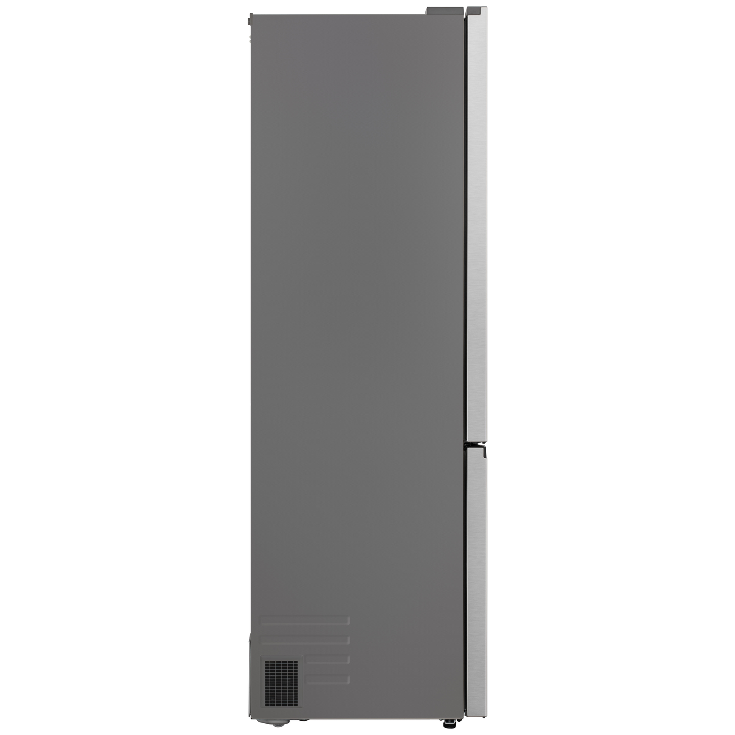 Side view of a gray refrigerator with a stainless steel trim, and a vent at the bottom, placed against a white background.