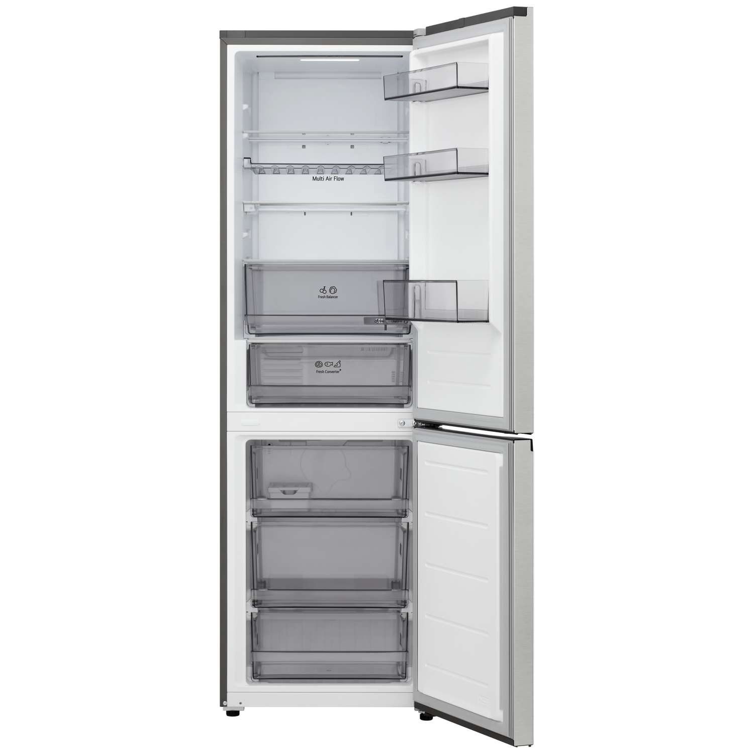Open refrigerator, stainless steel finish. Interior with shelves and drawers. One door open. White interior, grey trim, and clear plastic bins.