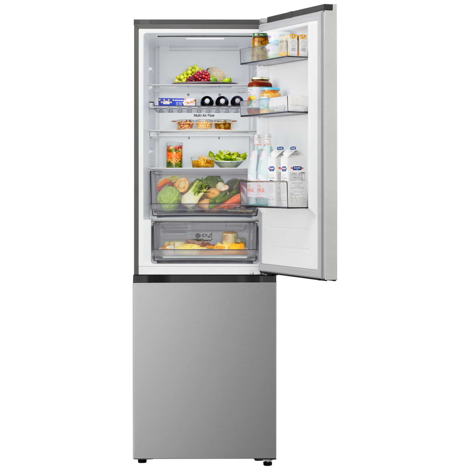 Open refrigerator filled with food: fruits, vegetables, drinks, and packaged goods. The fridge is silver and white inside.