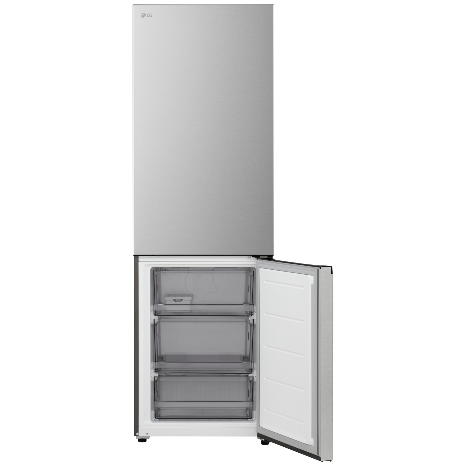 A silver LG refrigerator with the freezer door open, revealing three drawers. The top door is closed.