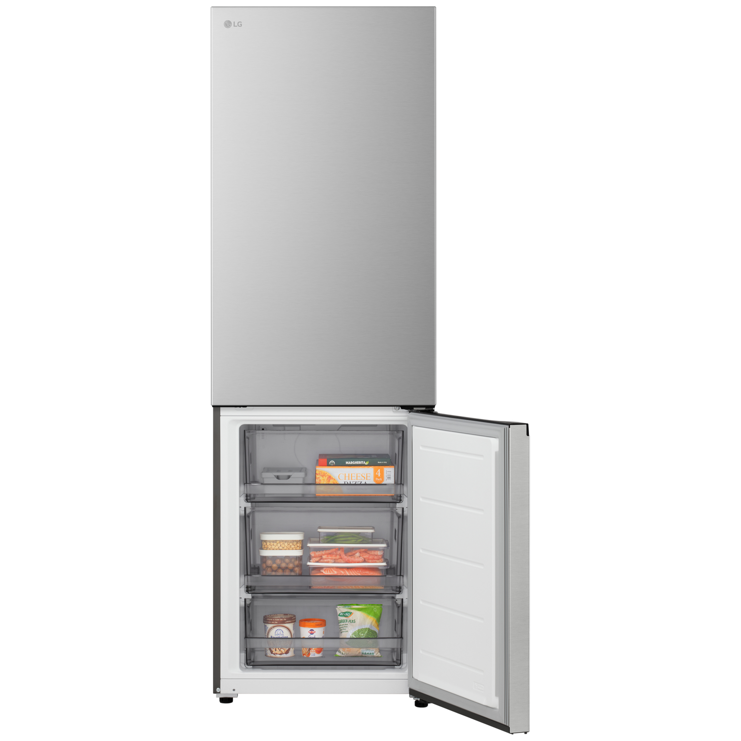 Silver LG fridge with open freezer door, showing drawers with food items. The upper door is closed. LG logo is visible.