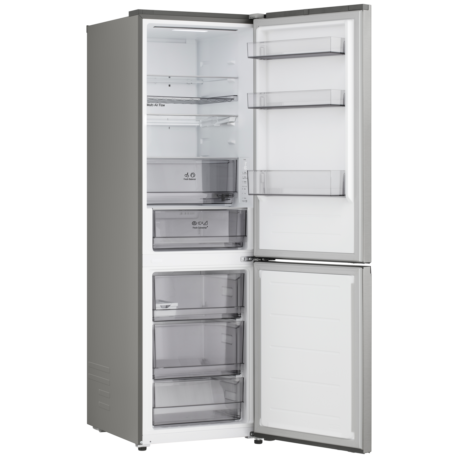 Open refrigerator, gray exterior. Interior has shelves, drawers, and compartments. White interior with a light.  Door open.