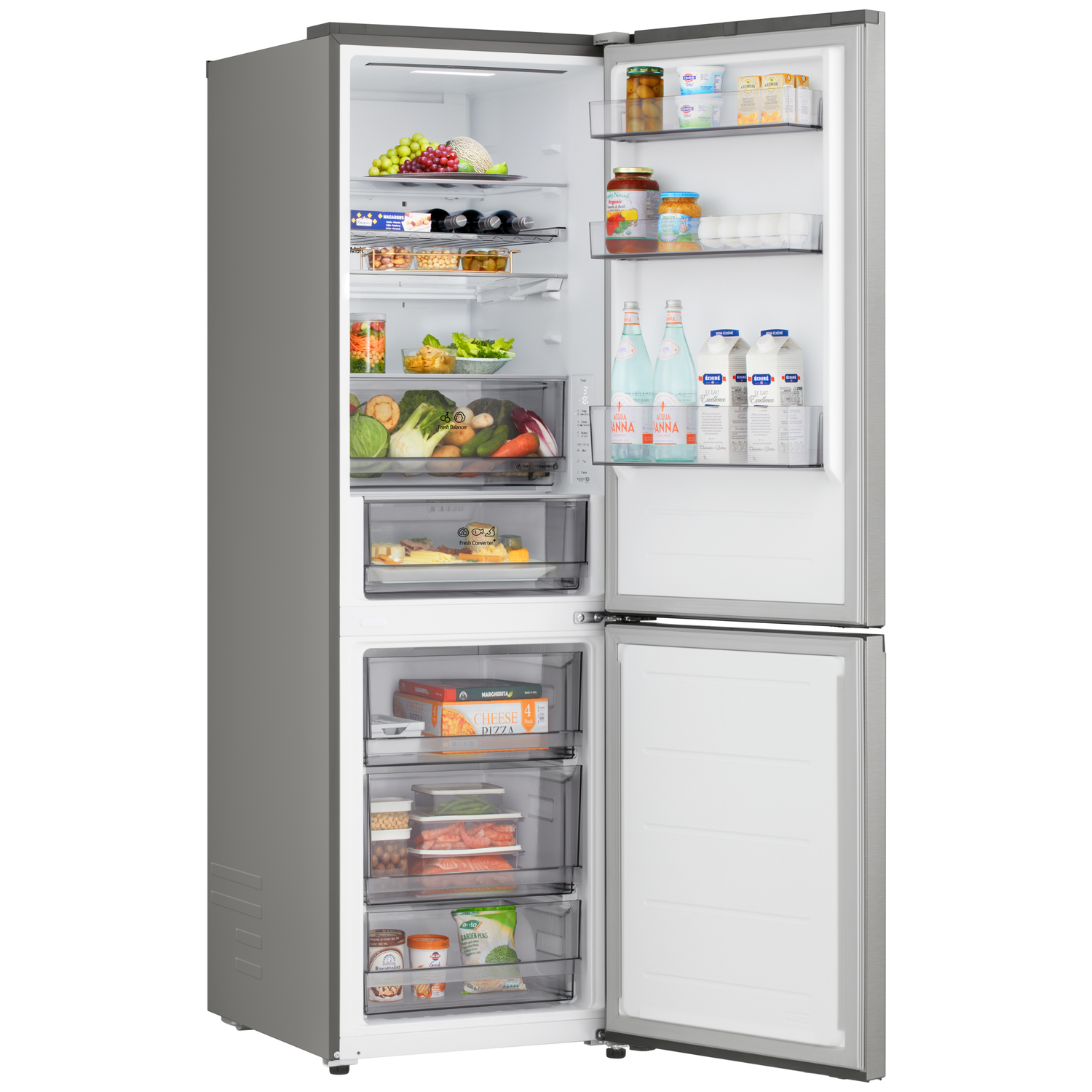 Open fridge with fruits, vegetables, drinks, and frozen pizzas visible. Contains various food items on shelves and in drawers.