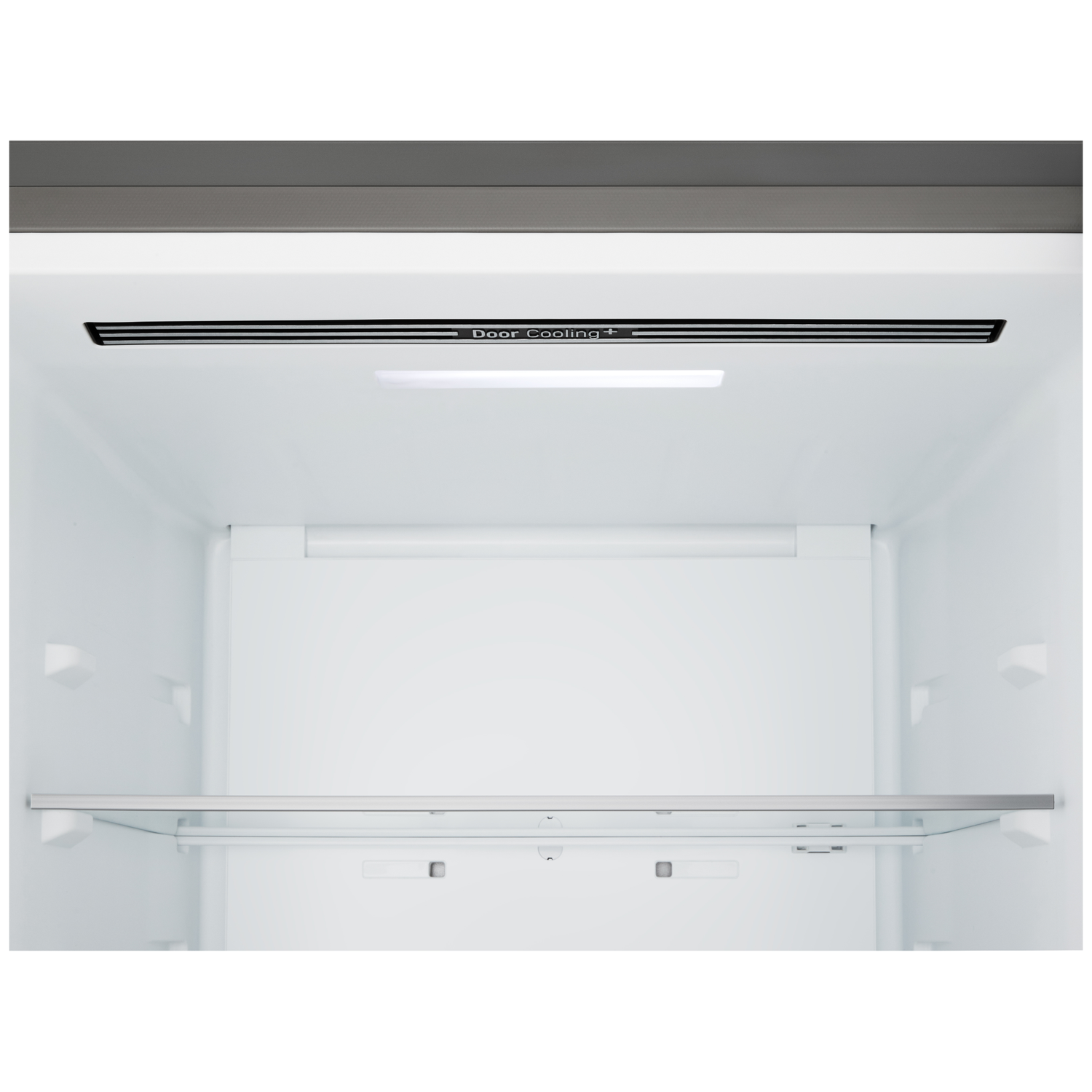 Inside of a refrigerator. White interior with a glass shelf and a 'Door Cooling +' vent. Light is on.