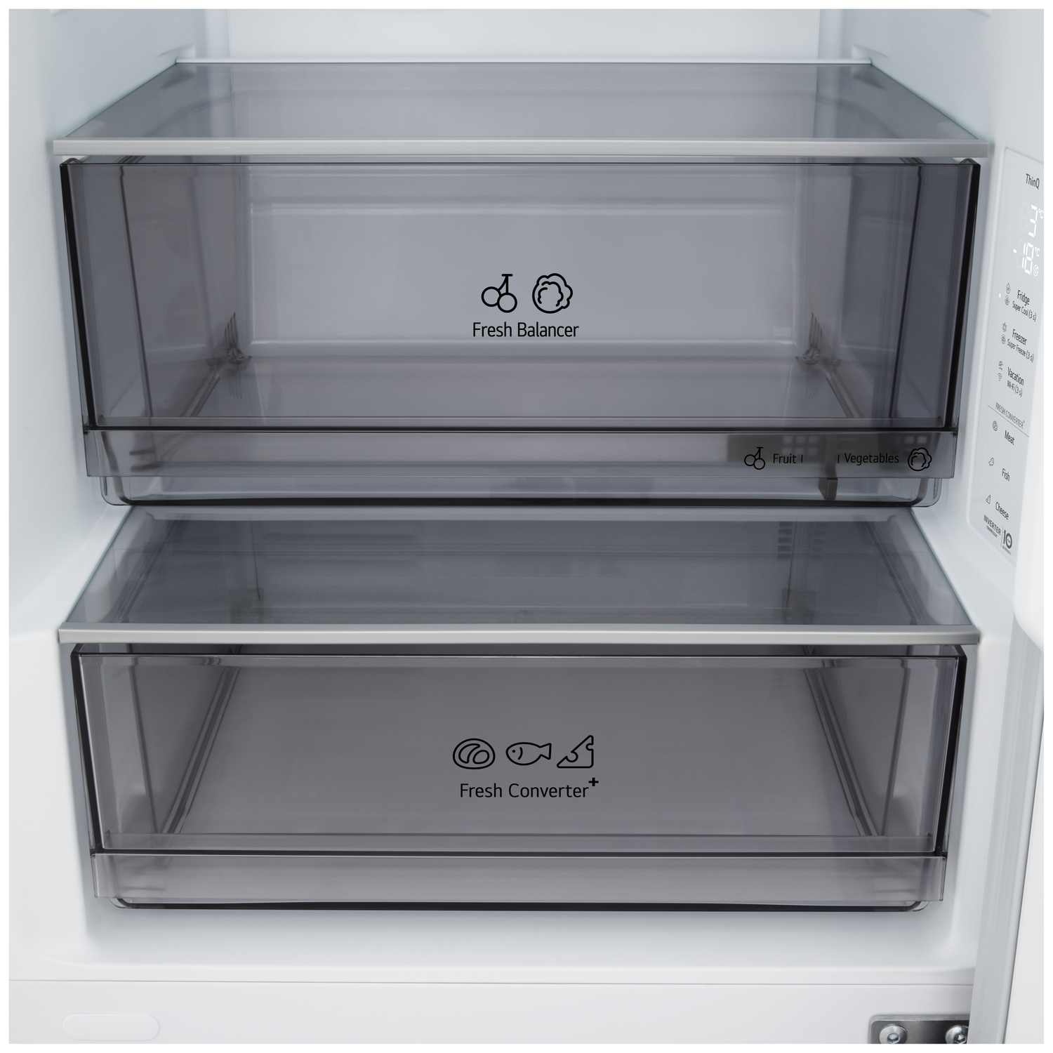 Inside a refrigerator, two transparent drawers labeled 'Fresh Balancer' and 'Fresh Converter' are visible. A digital display is on the right.