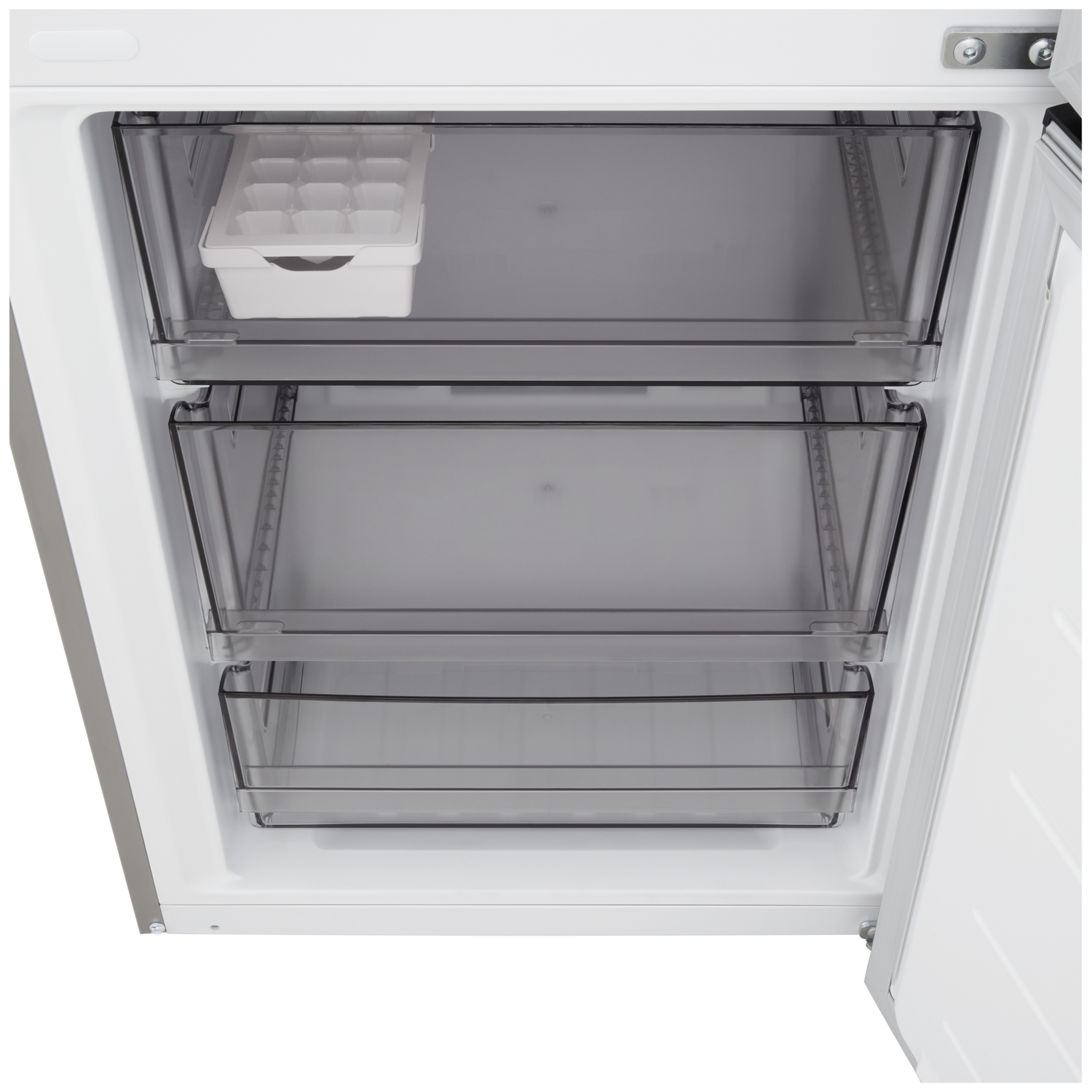 Open freezer with three transparent drawers. An ice cube tray sits in the top drawer. The interior is white.
