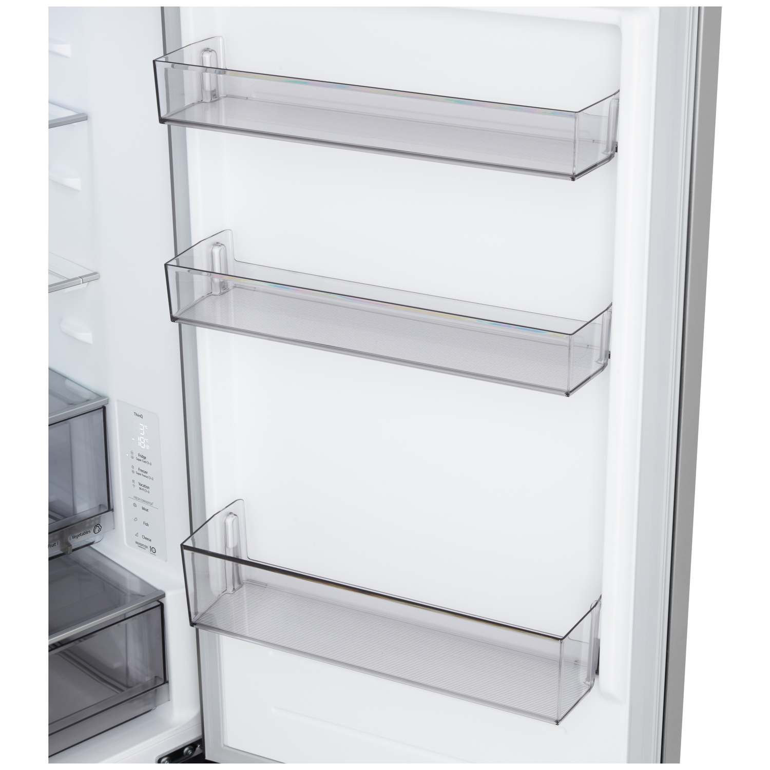 Open refrigerator interior with clear plastic shelves and a control panel. The door is open, revealing the inside.