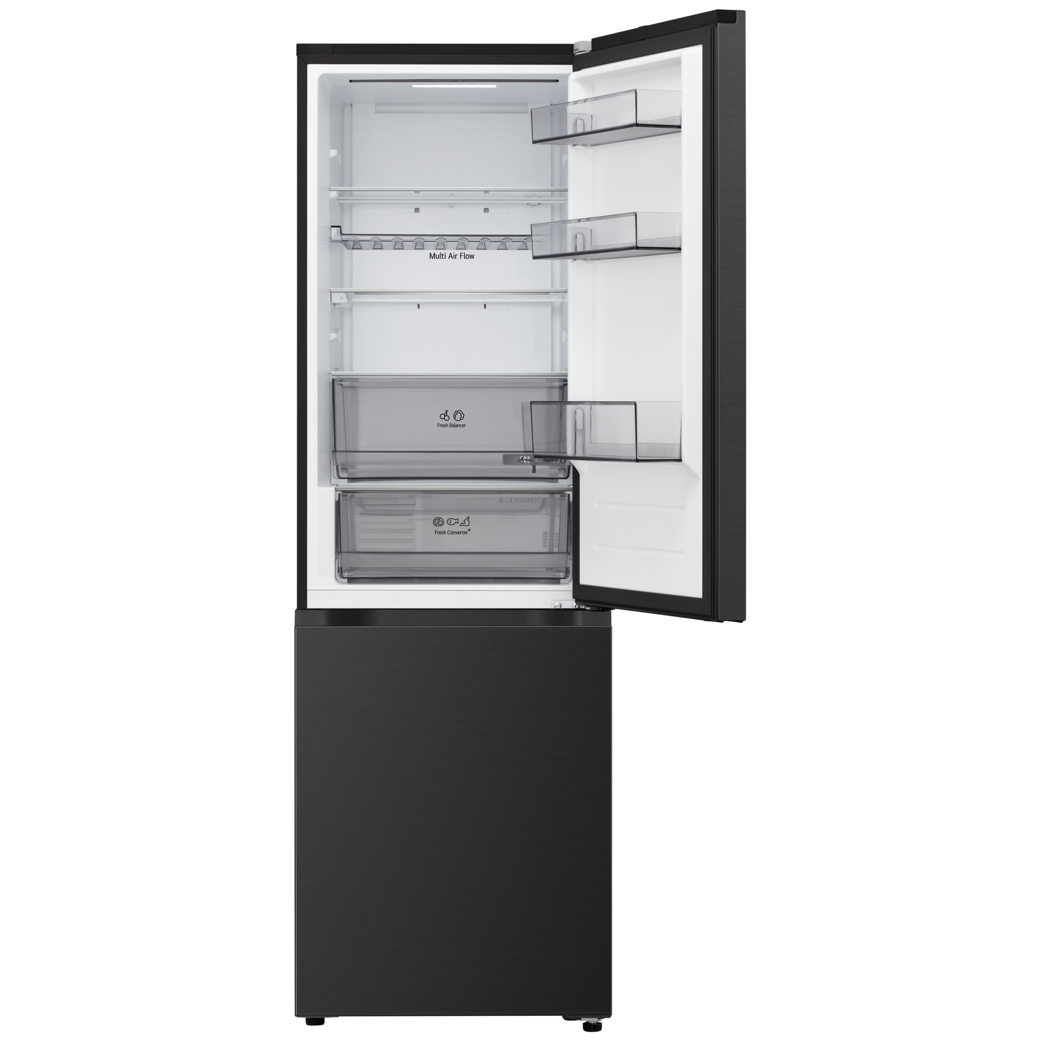 Zwarte koelkast met open deur, toont planken en laden. Labels luiden 'Multi Air Flow', 'Fresh Balancer' en 'Fresh Converter'.