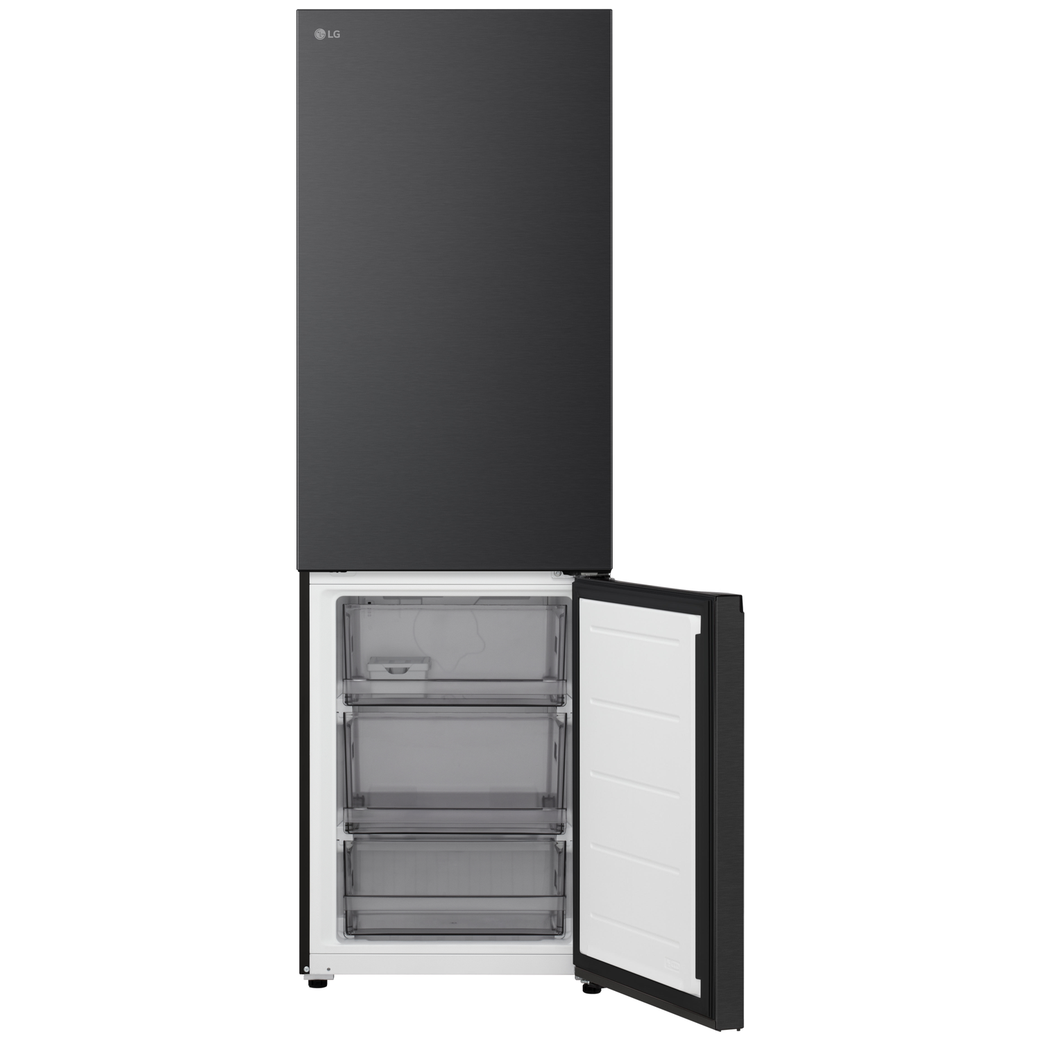 Een zwarte LG-koelkast met de vrieslade open, met drie doorzichtige opberglades. De hoofddeur is gesloten.