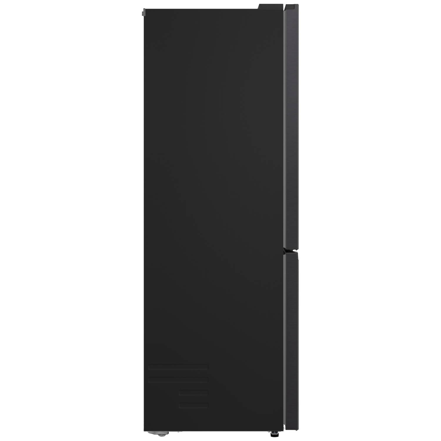 Een zwarte koelkast op een witte achtergrond. De zijaanzicht toont de deur, handgreep en een ventilatieopening.