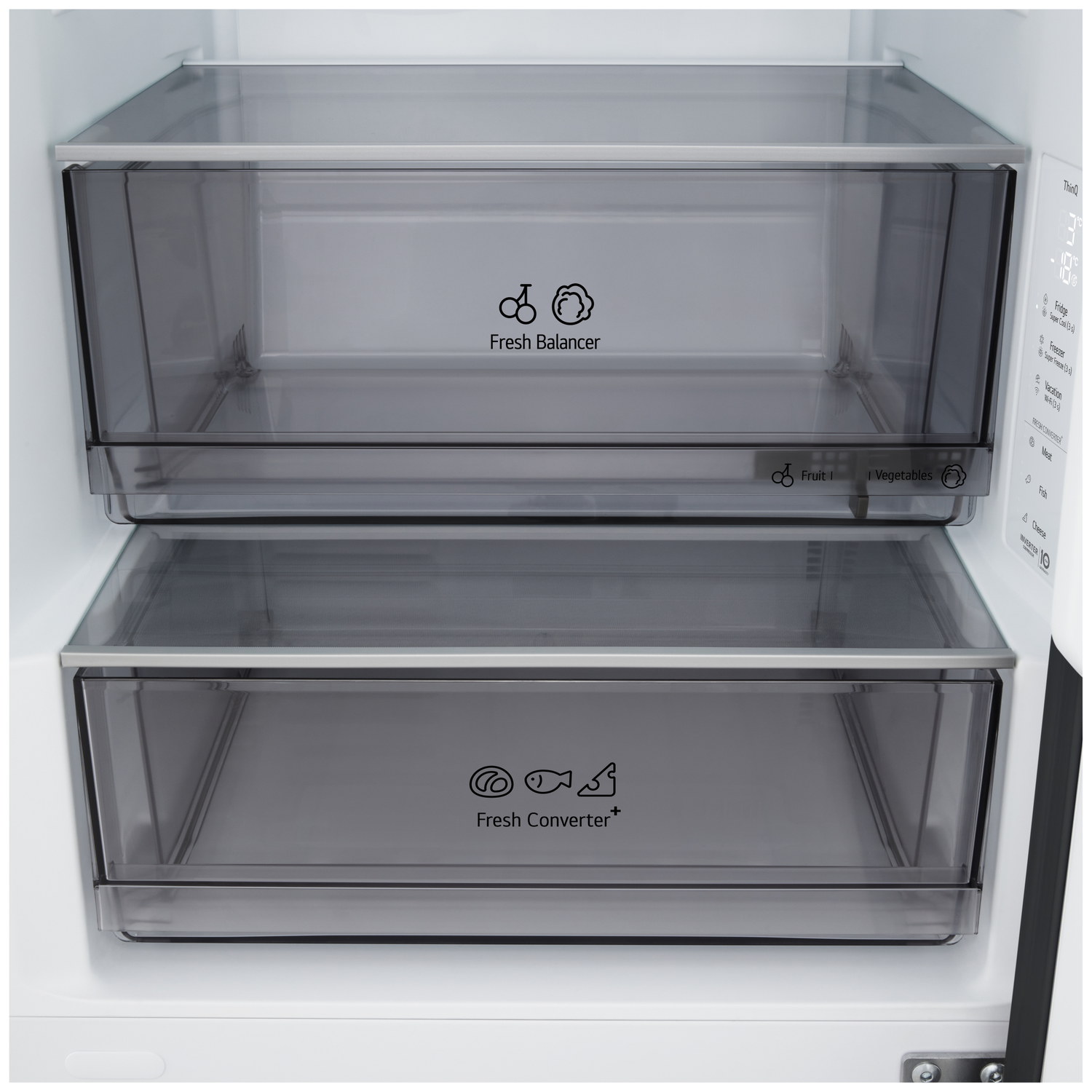 In een koelkast zijn twee transparante laden te zien. De bovenste lade leest 'Fresh Balancer', de onderste 'Fresh Converter+'.