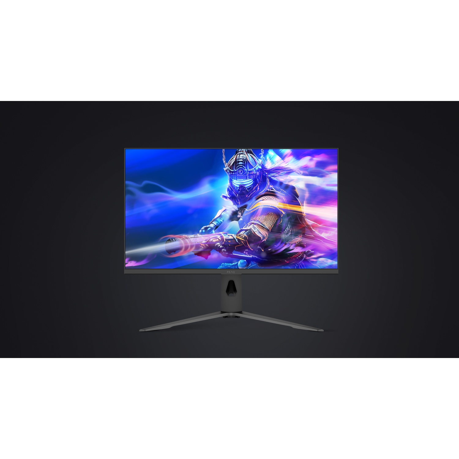 Un monitor per computer mostra una scena di videogioco colorata. Il monitor è su una superficie scura e ha un supporto argentato.