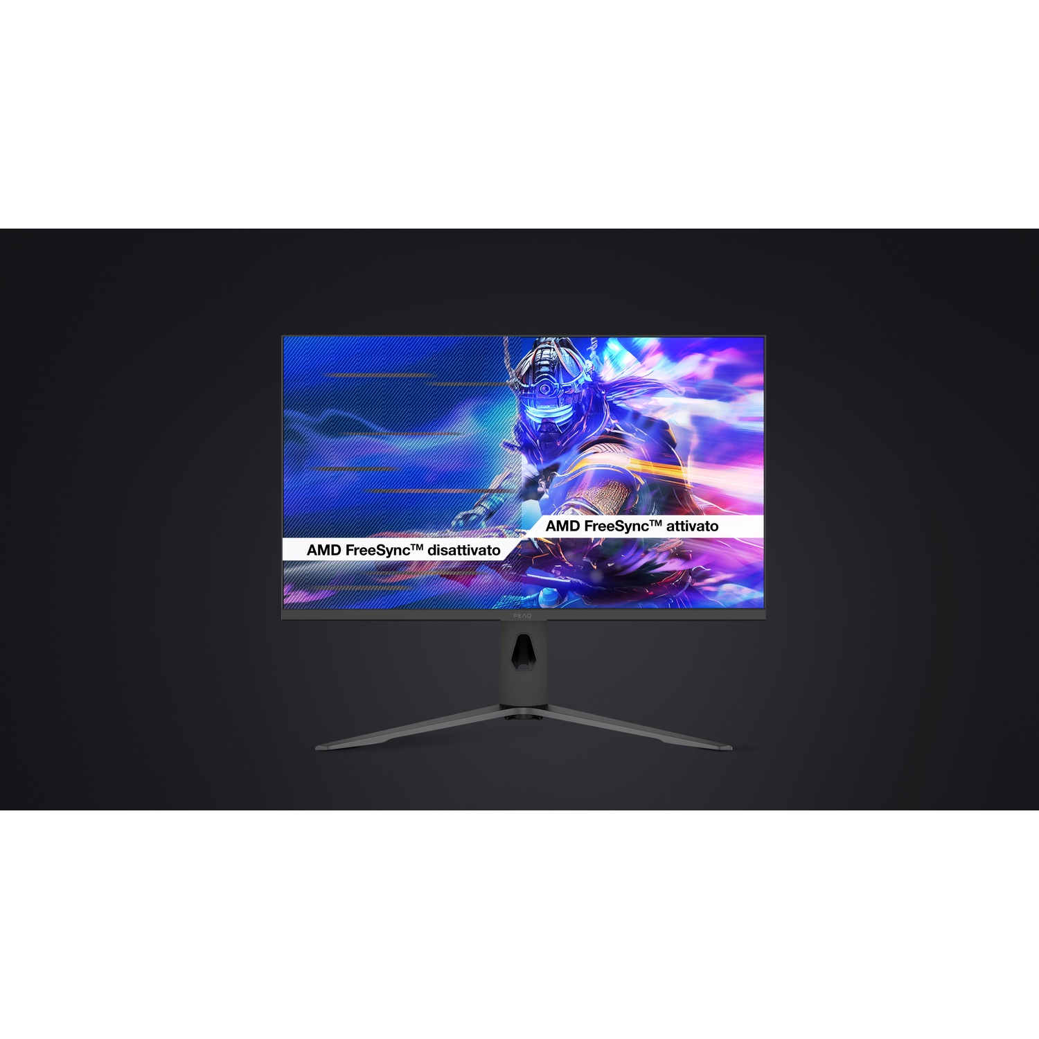 Monitor con scena di gioco colorata. Il testo indica che AMD FreeSync è attivato. Il monitor ha un supporto scuro e uno sfondo nero.
