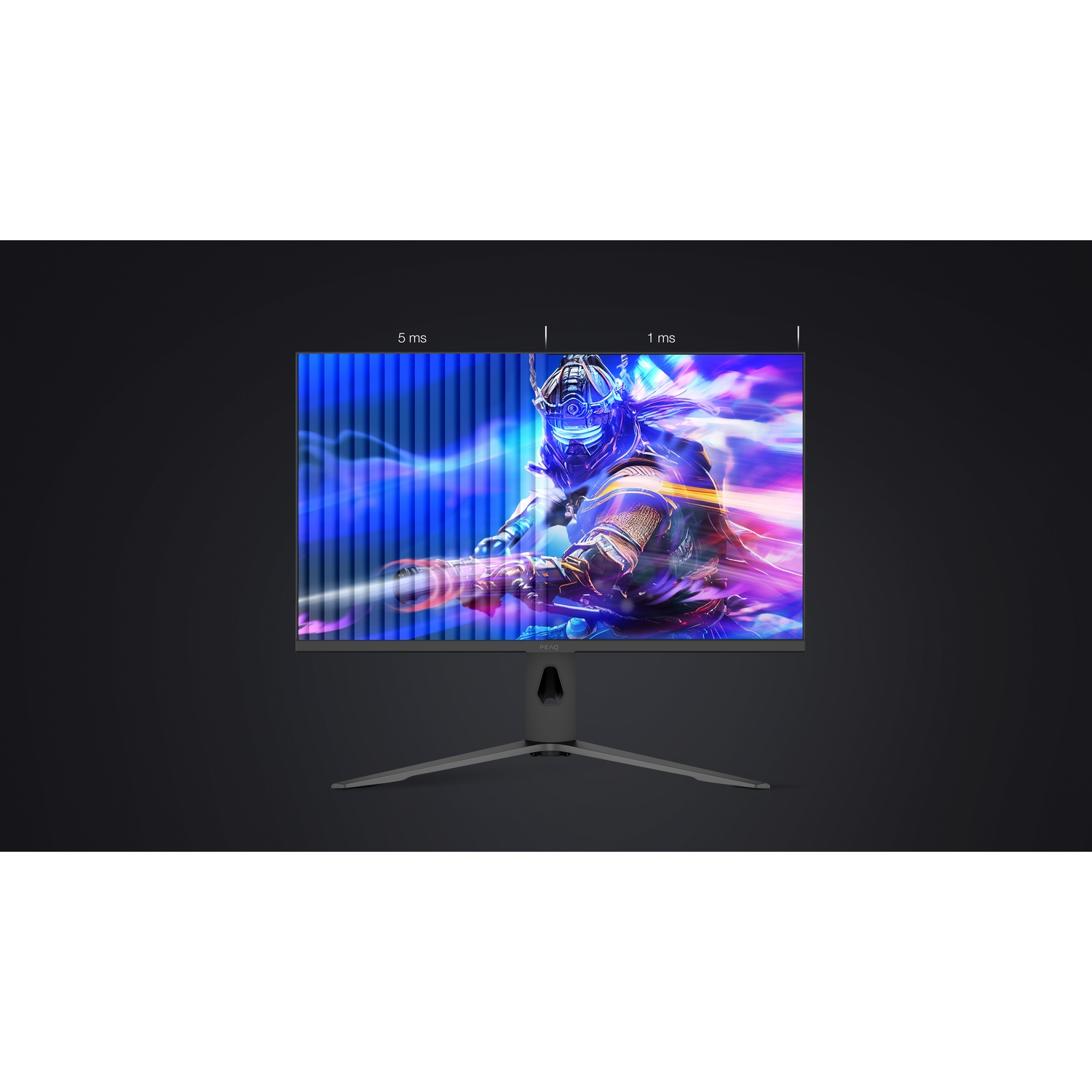 Un monitor da gioco mostra un guerriero futuristico con un'arma. Il monitor è su un supporto nero su sfondo nero.