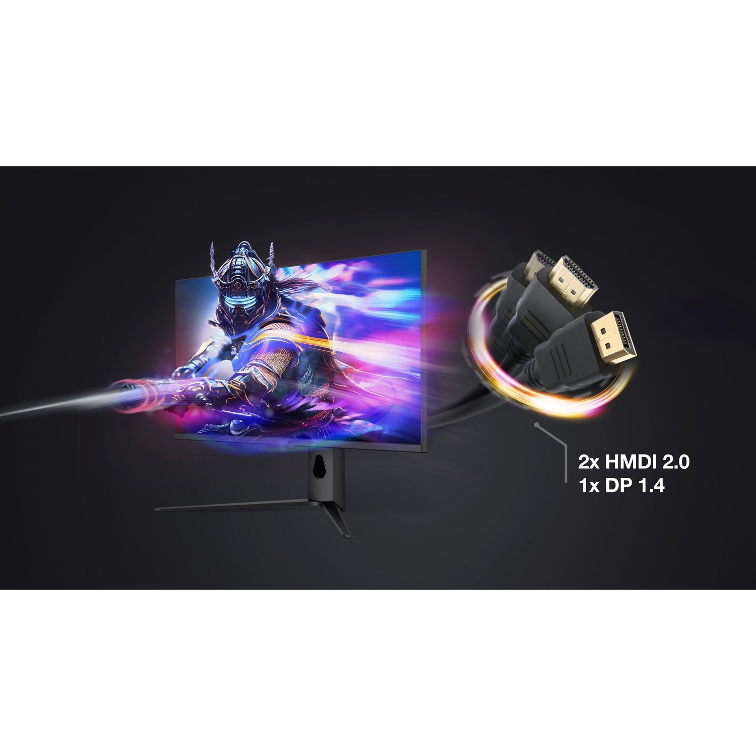 Un monitor da gioco mostra un guerriero con una spada. Cavi con etichette '2x HMDI 2.0 e 1x DP 1.4' sono accanto.