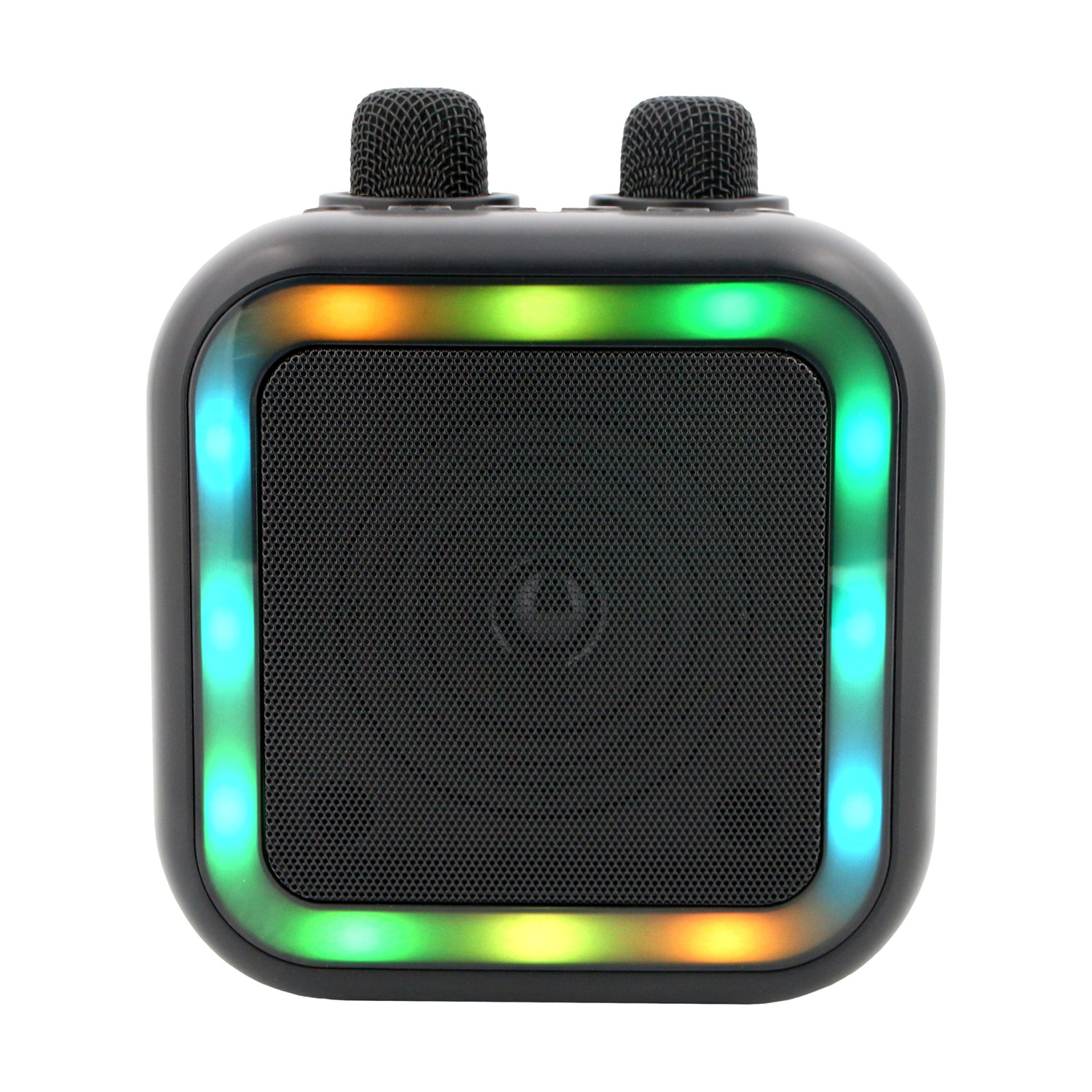 Altoparlante karaoke nero con due microfoni sopra. L'altoparlante ha una forma quadrata e luci colorate sui bordi.