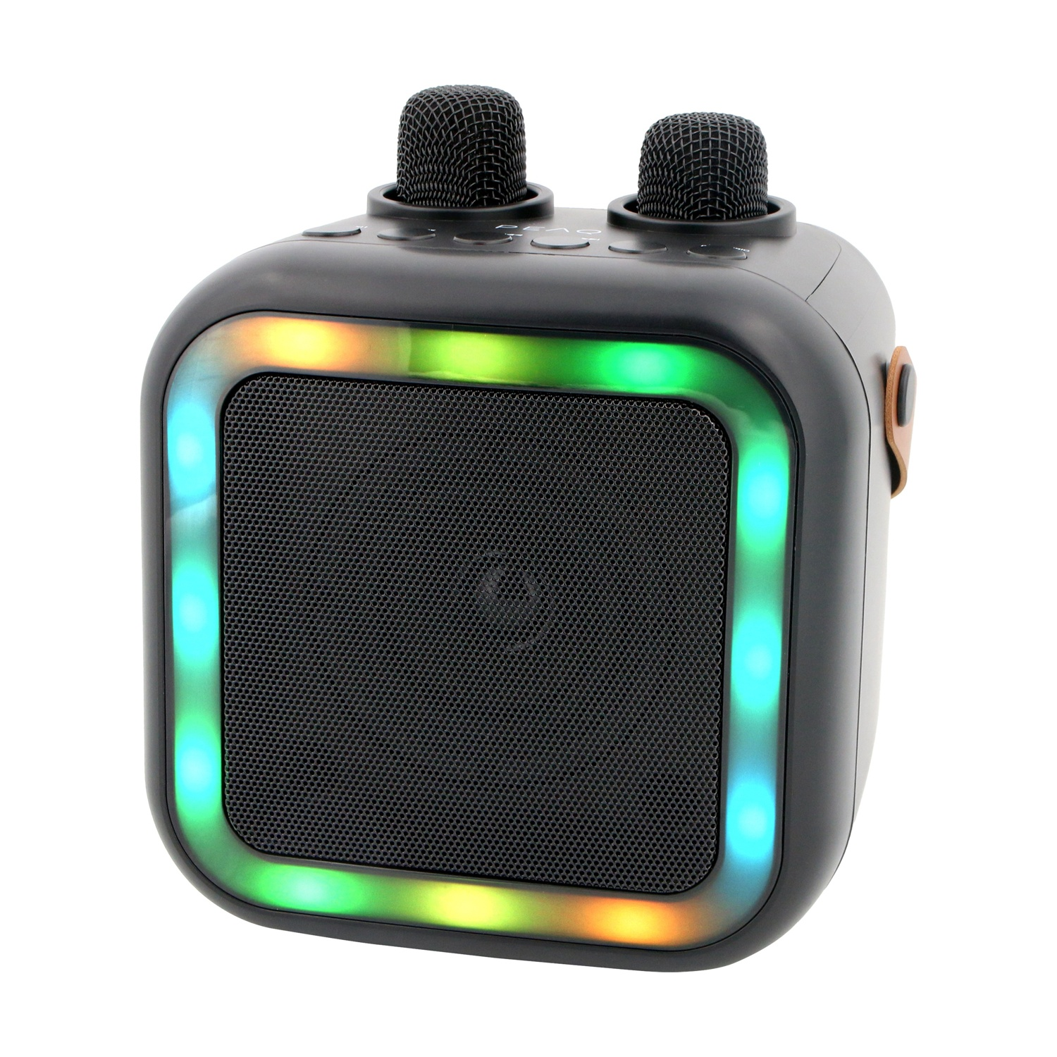 Macchina per karaoke nera con due microfoni. Ha un altoparlante e un bordo luminoso colorato. Lo sfondo è bianco.