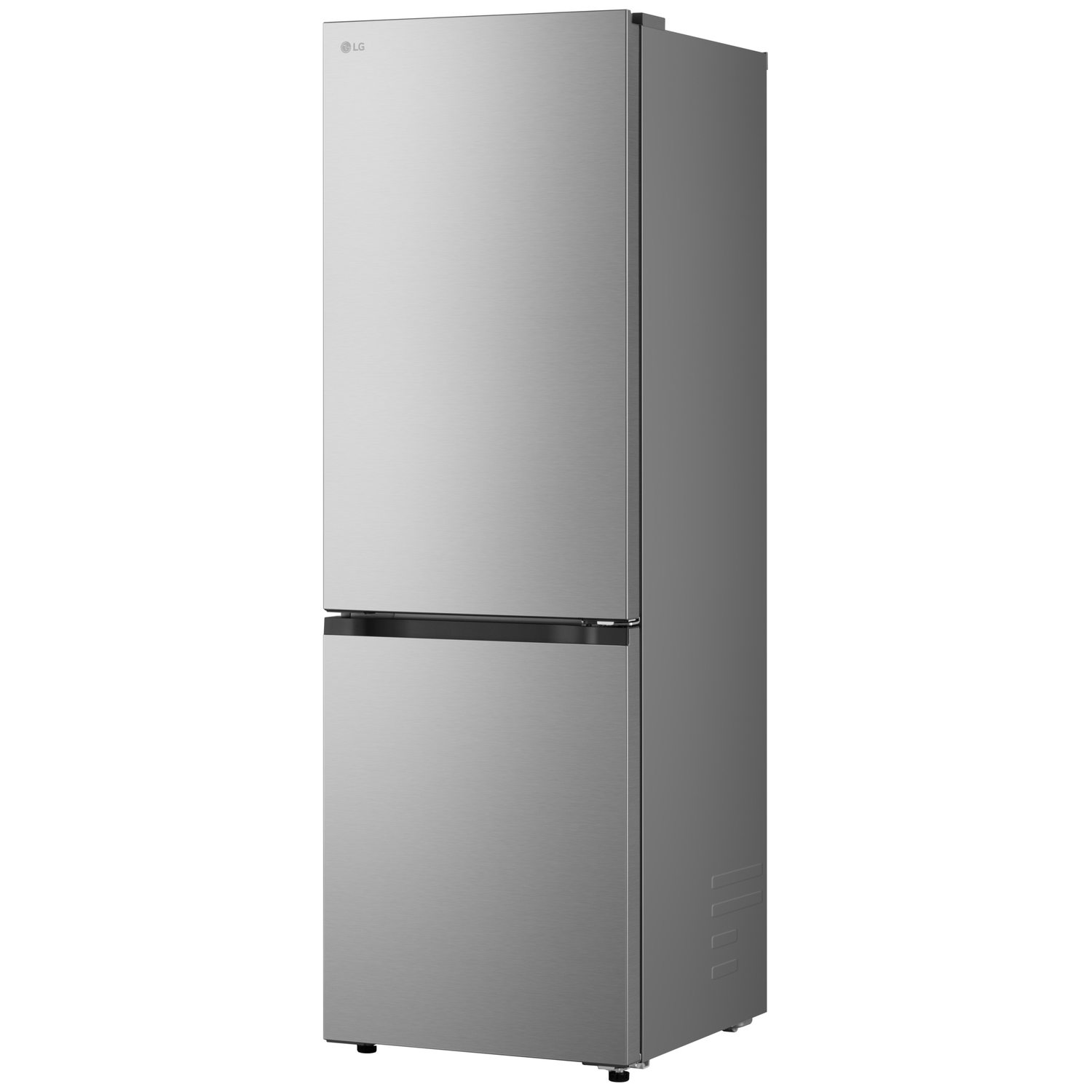 A silver LG refrigerator with two doors. The top door is larger. The LG logo is visible on the upper left.