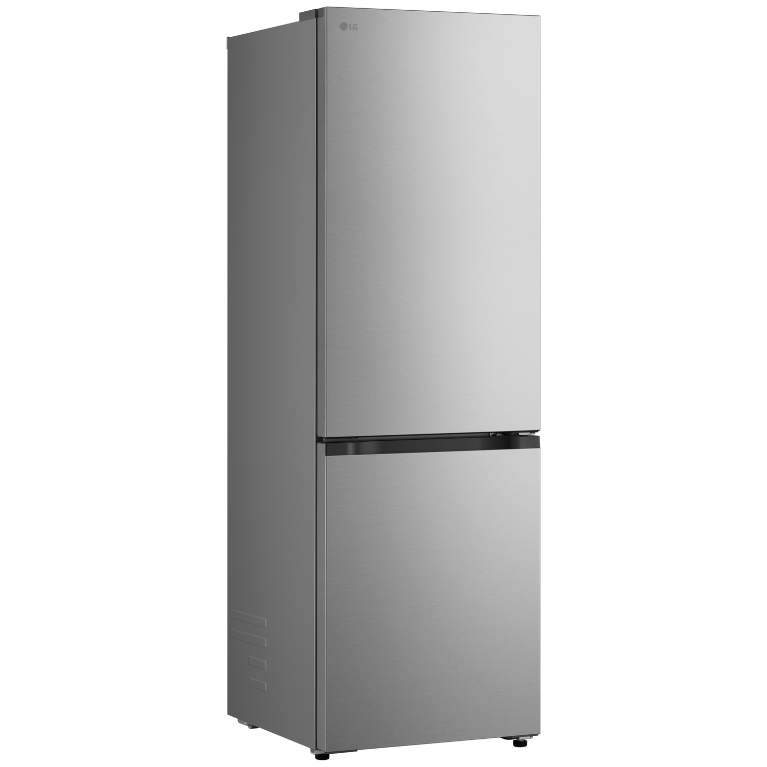 A silver LG refrigerator stands on a white background. It has two doors and an LG logo. The handle is black.