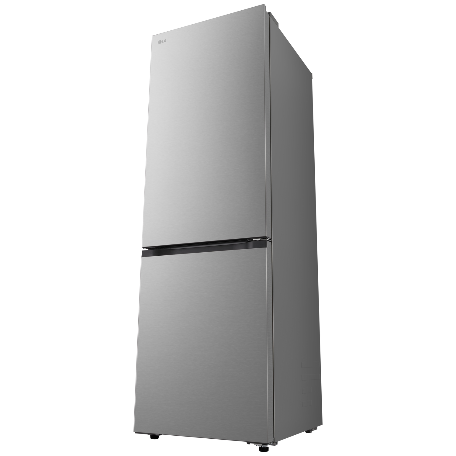 A silver LG refrigerator stands against a white background. It has two doors, a top freezer door, and a bottom refrigerator door.