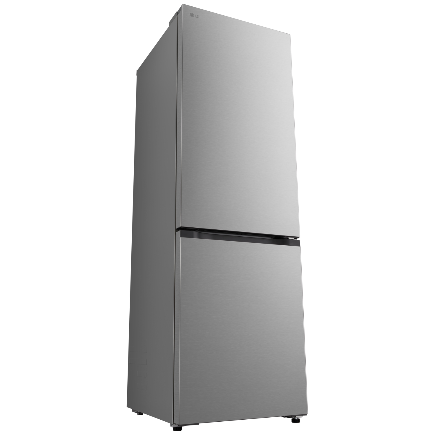 A silver LG refrigerator with two doors is on a white background. The upper door is larger than the lower one. The logo is visible.
