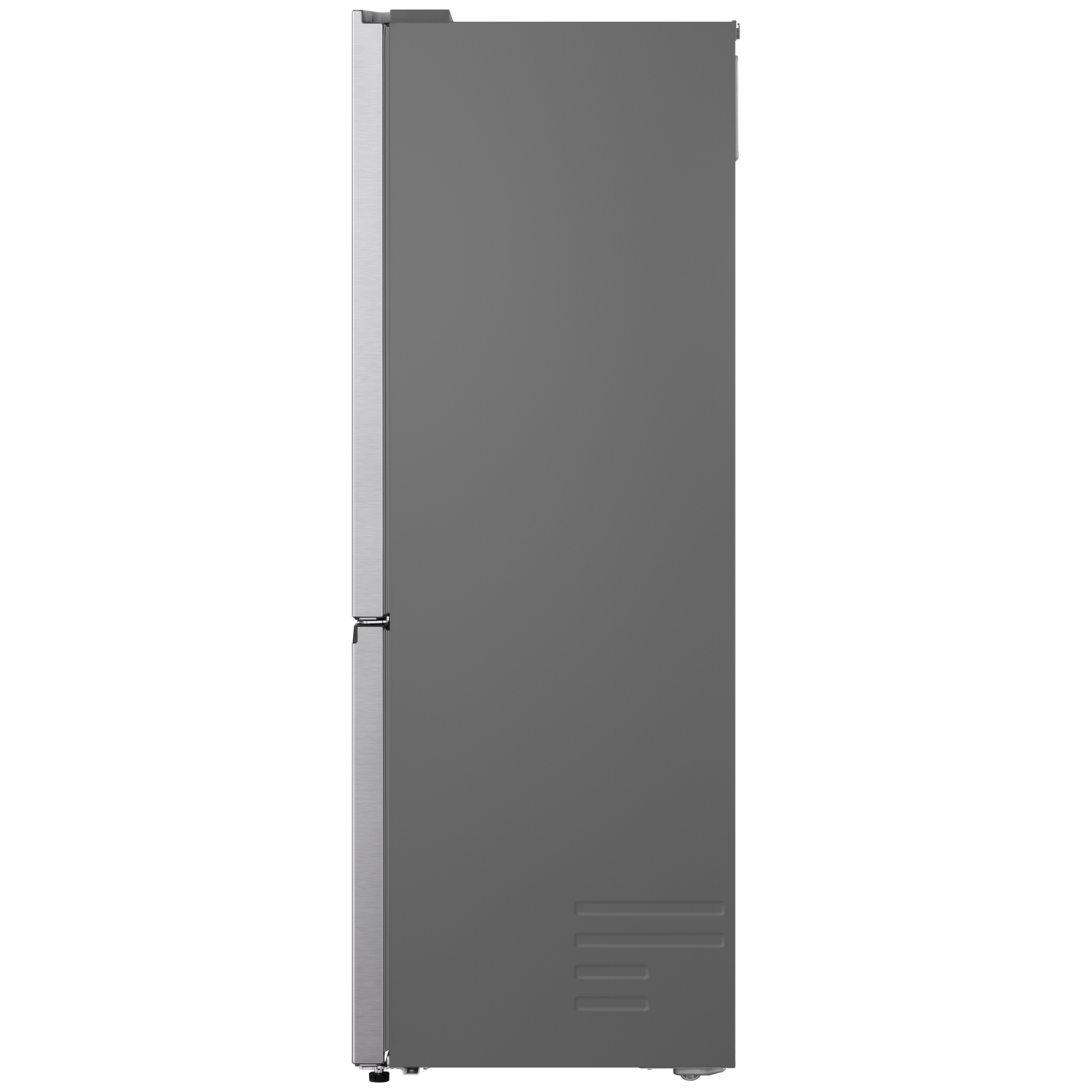 Side view of a gray refrigerator. The left side is silver, the right side is gray. The bottom has feet and the top has a handle.