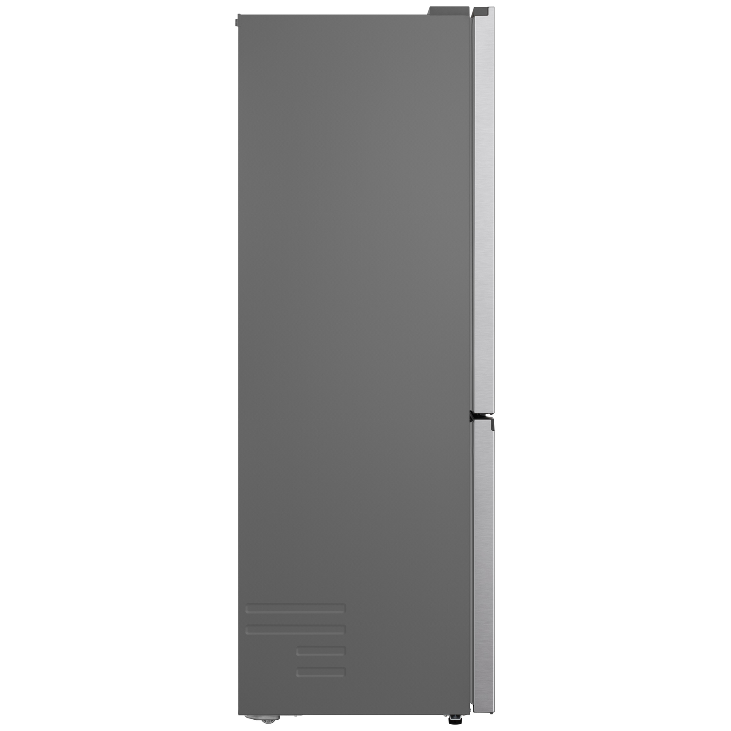 A gray refrigerator with a stainless steel trim. The door handle is black. The background is white.