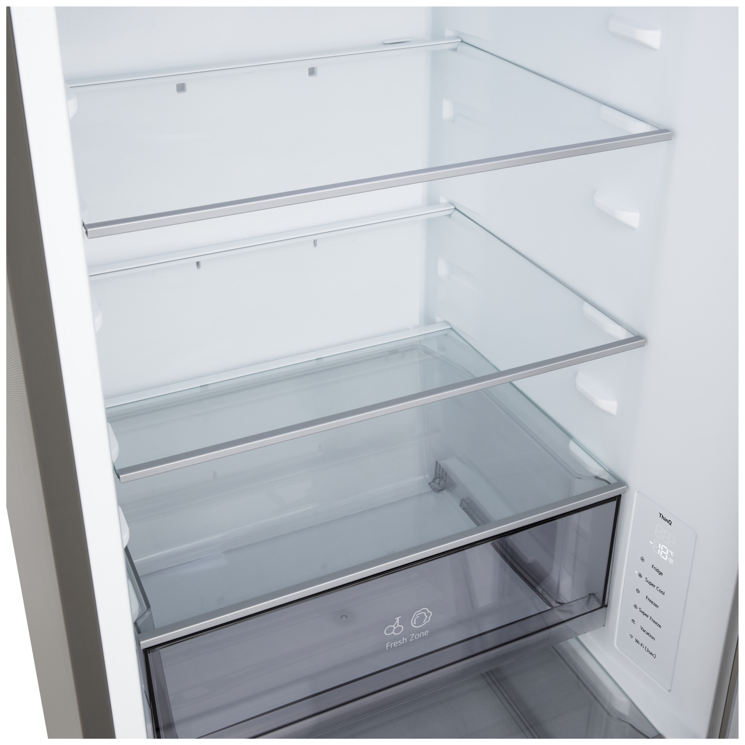 An open, empty refrigerator interior with glass shelves and a drawer labeled "Fresh Zone". Control panel on the right.