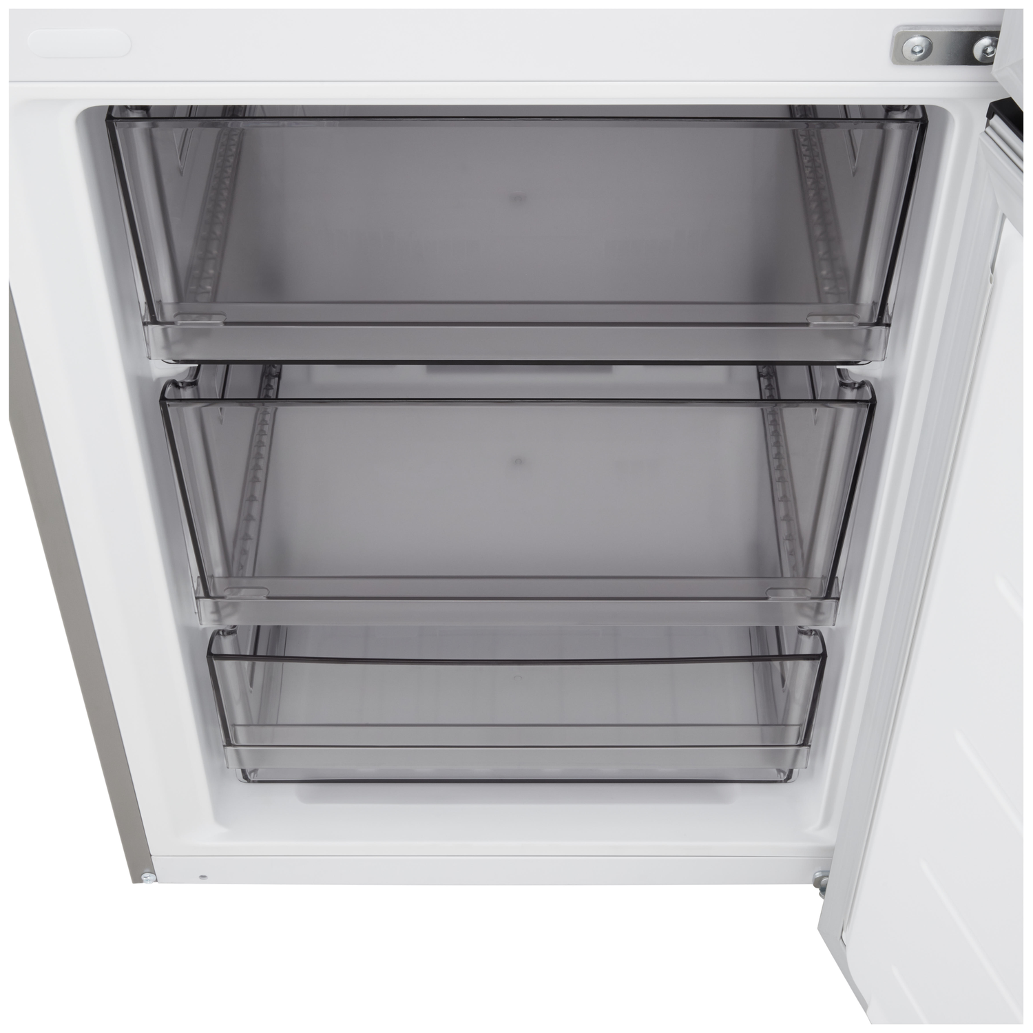 Open freezer with three transparent drawers. White interior and door frame, hinges visible on the right side.