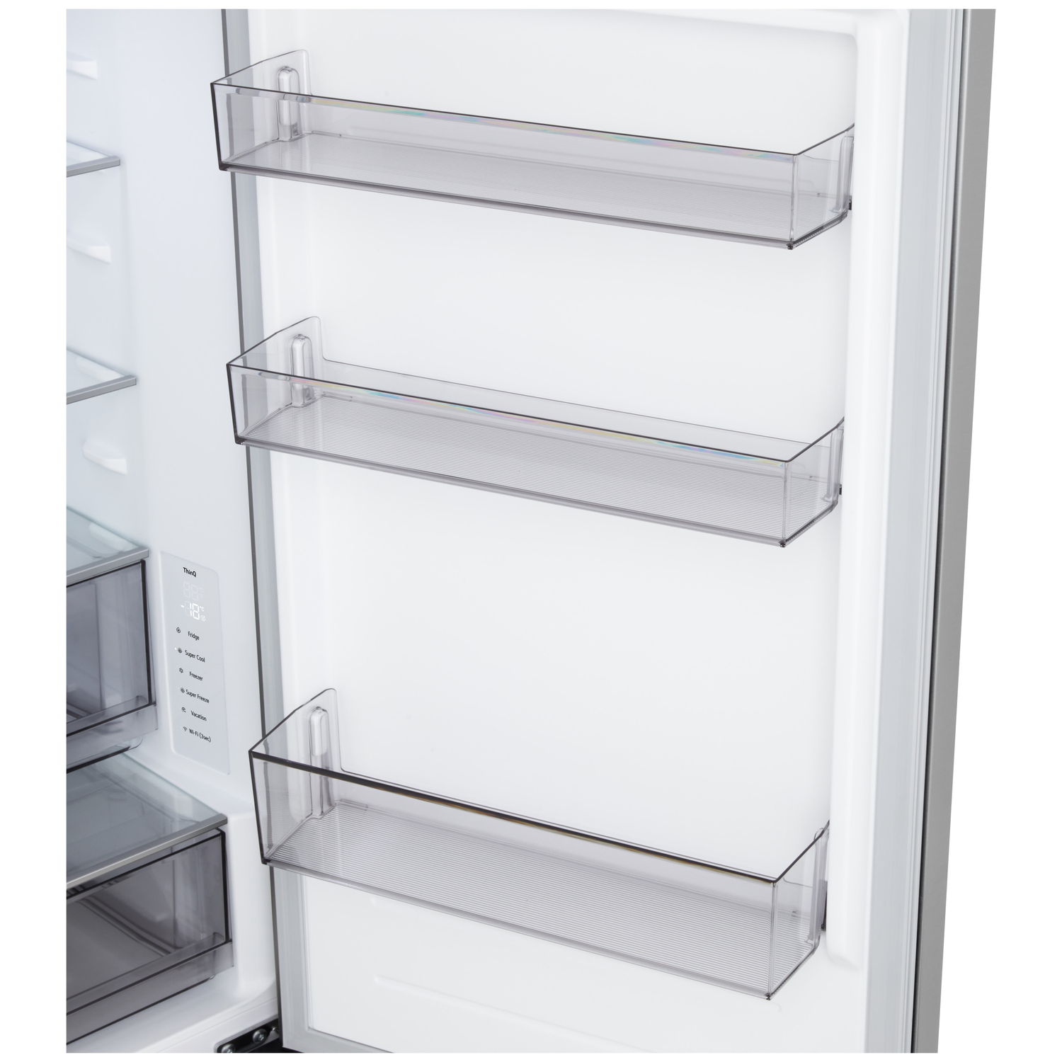 Open refrigerator interior with clear plastic shelves and drawers. The door is white. There is a control panel on the side.