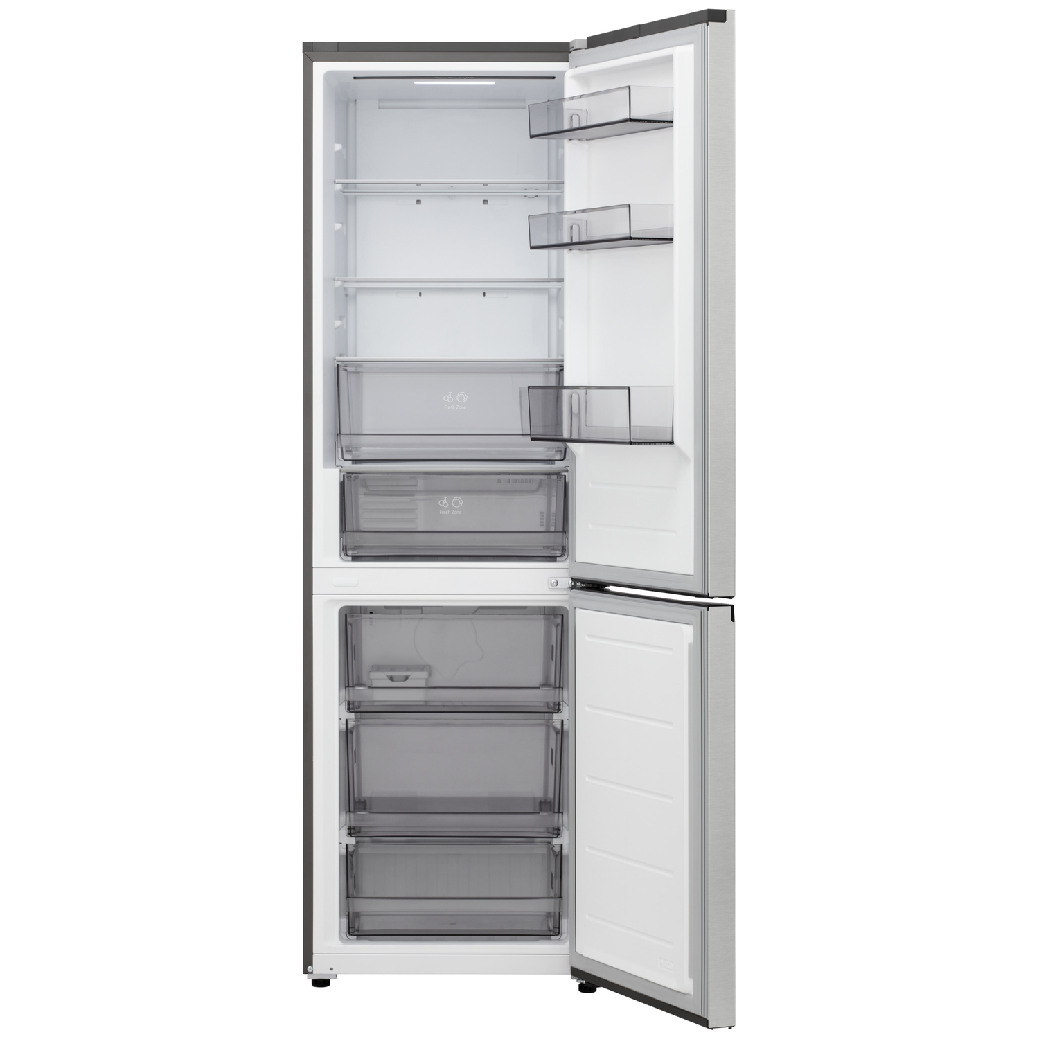 Open refrigerator, stainless steel finish. Interior visible, with shelves and drawers. One door open, revealing contents. White background.