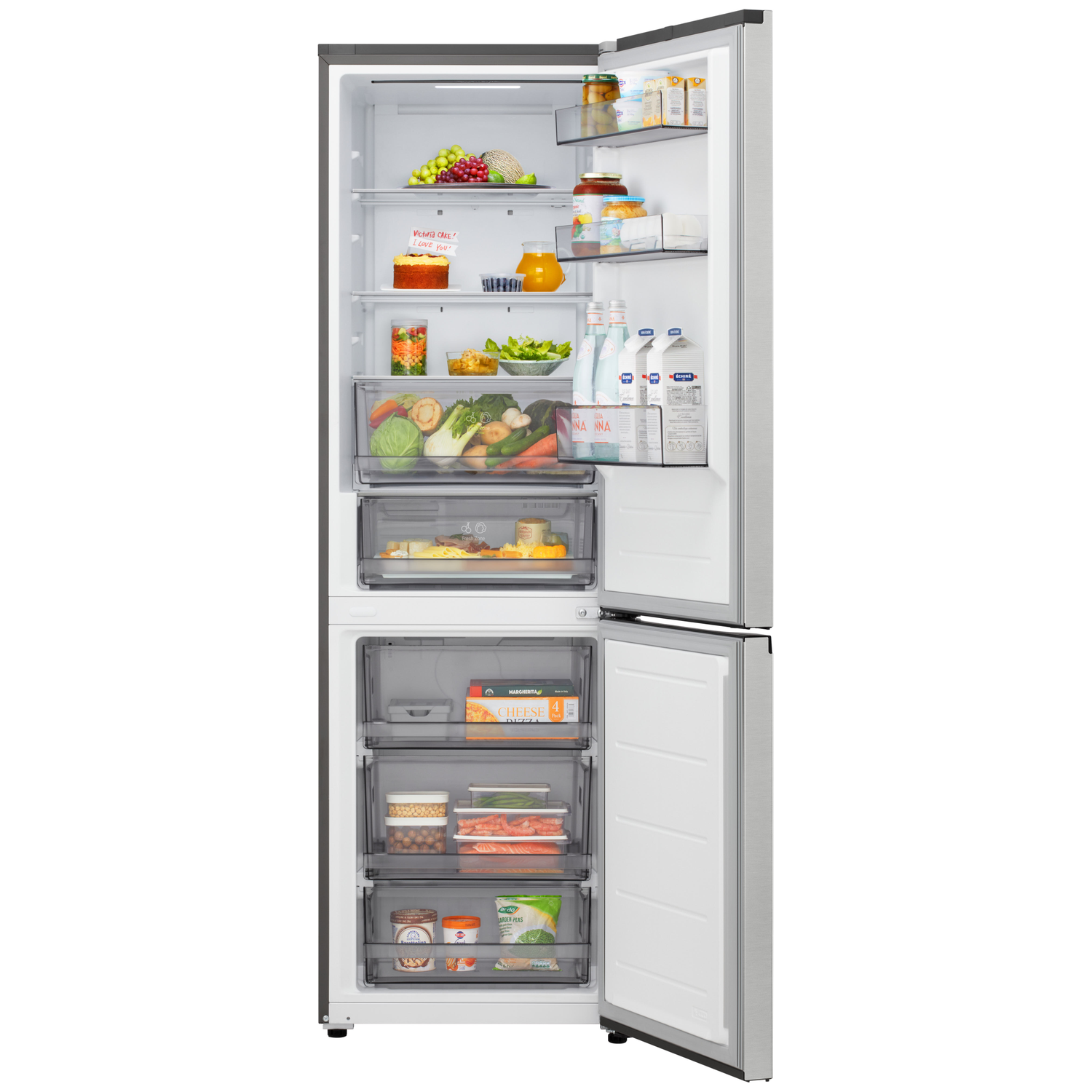 Open refrigerator filled with food: fruits, vegetables, drinks, and packaged items. The fridge is stainless steel.