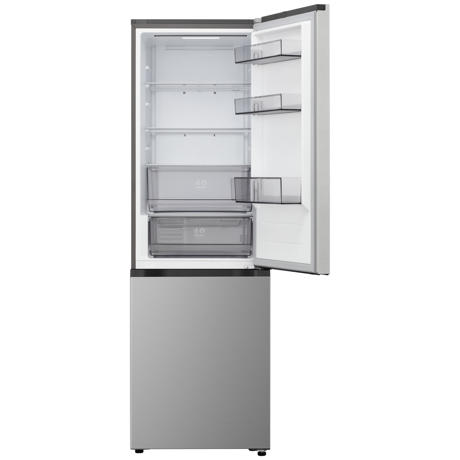 Open refrigerator, stainless steel finish. Interior with shelves and drawers. Door open showing shelves and compartments.