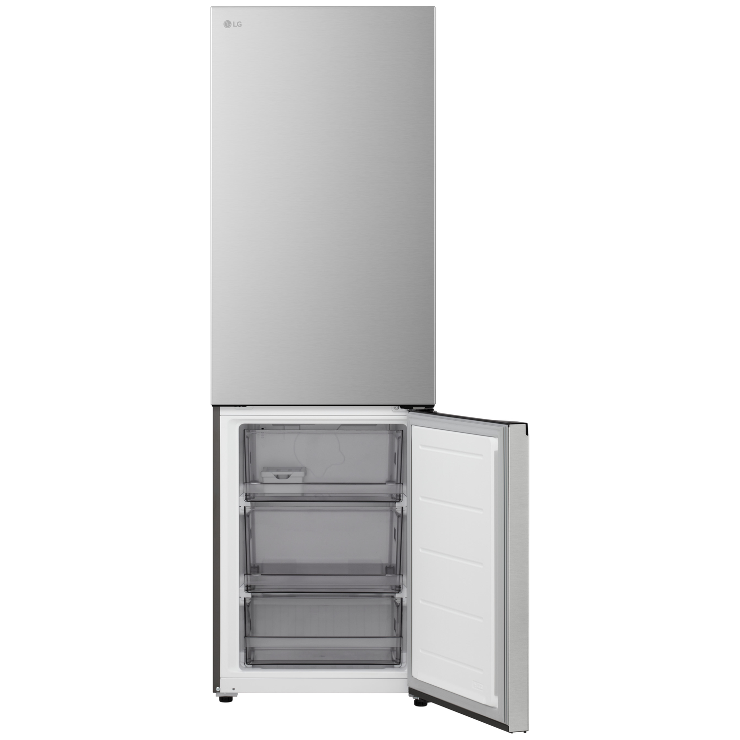 A silver LG refrigerator with the freezer door open, revealing three drawers. The top door is closed.