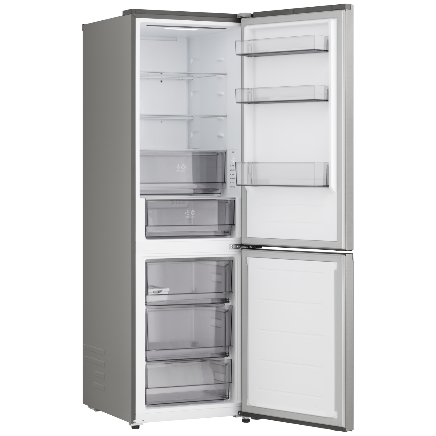 Open silver refrigerator with upper and lower compartments. Inside are shelves, drawers, and freezer space. Doors are open, showing the interior.