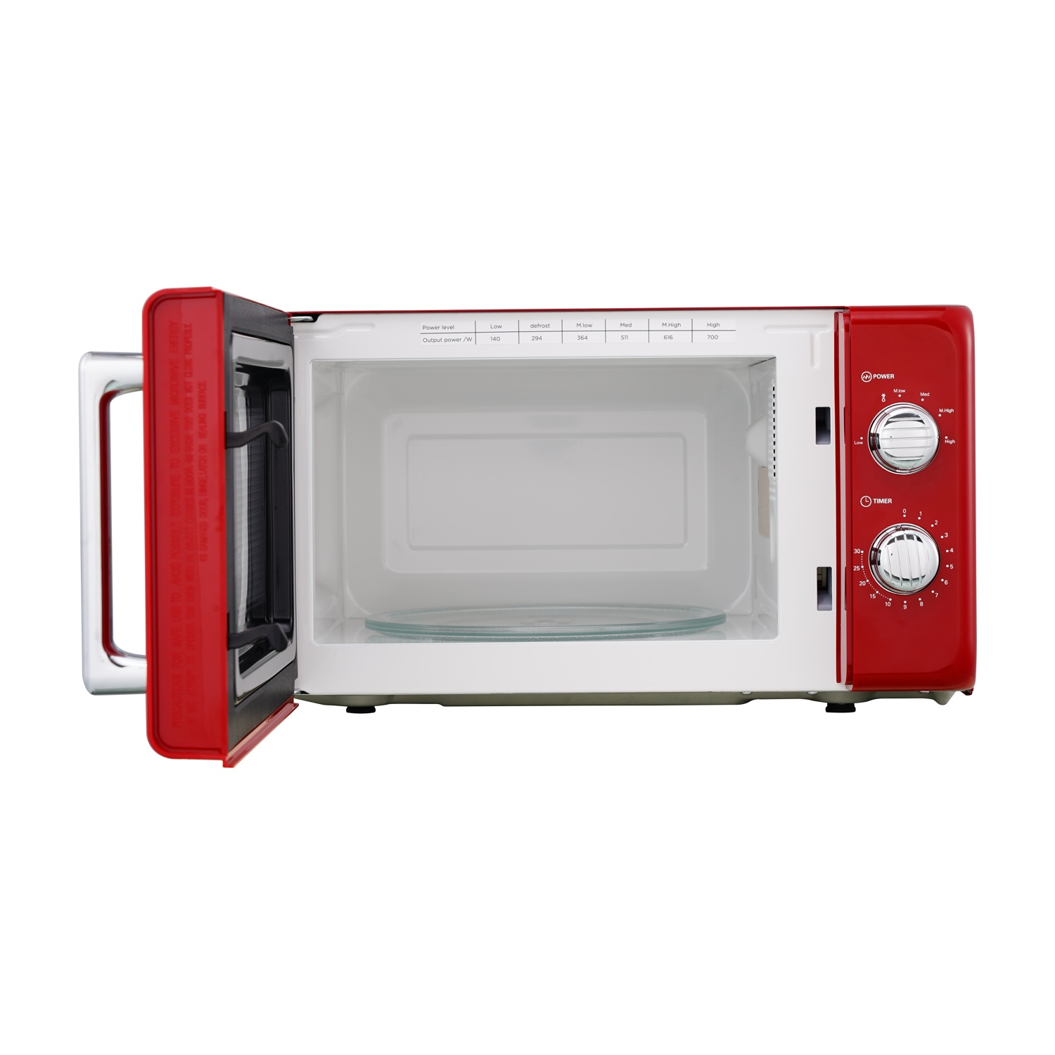 Un forno a microonde rosso, la porta è aperta. L'interno ha un piatto di vetro. Il pannello di controllo è sul lato destro.