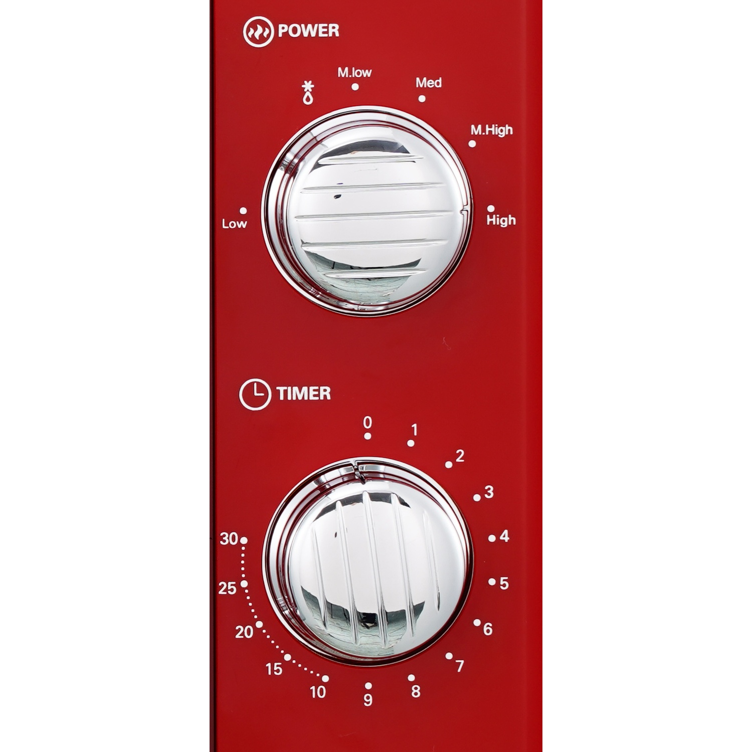 Pannello comandi rosso con manopole di alimentazione e timer. Manopola alimentazione: bassa, media, alta. Timer: 0-30.