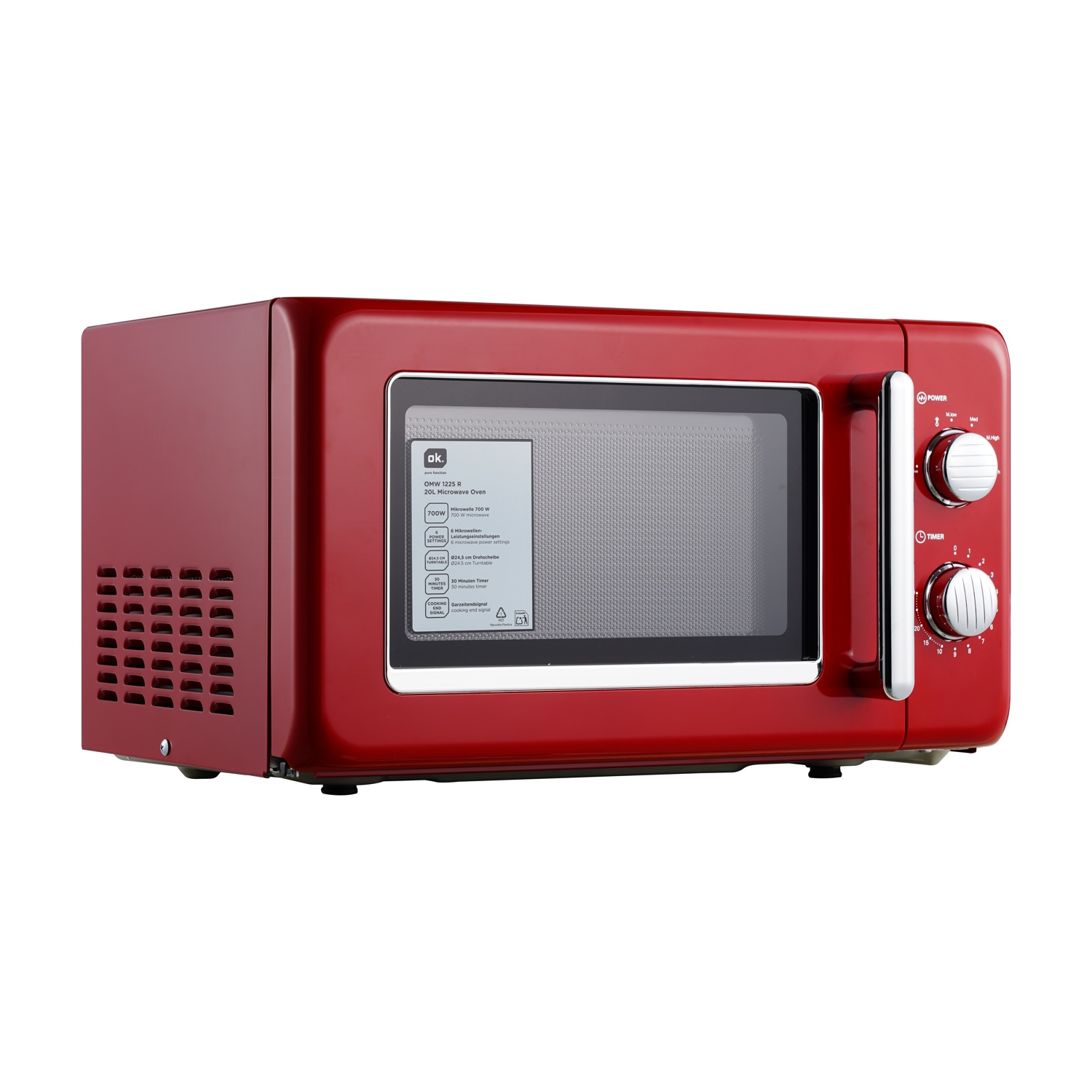 Un forno a microonde rosso, con porta a vetro e manopole di controllo. Il forno ha un'etichetta e uno sfiato laterale. È su una superficie bianca.