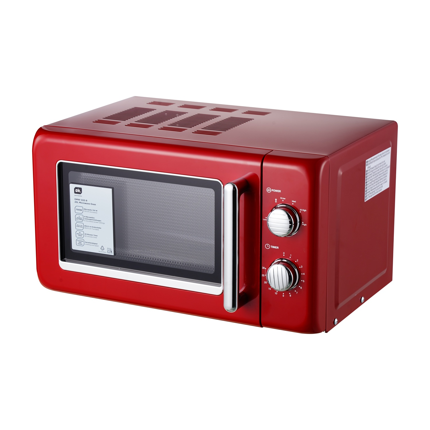 Un forno a microonde rosso, marchio ok., con porta a vetro, manopole di controllo e timer, su sfondo bianco.
