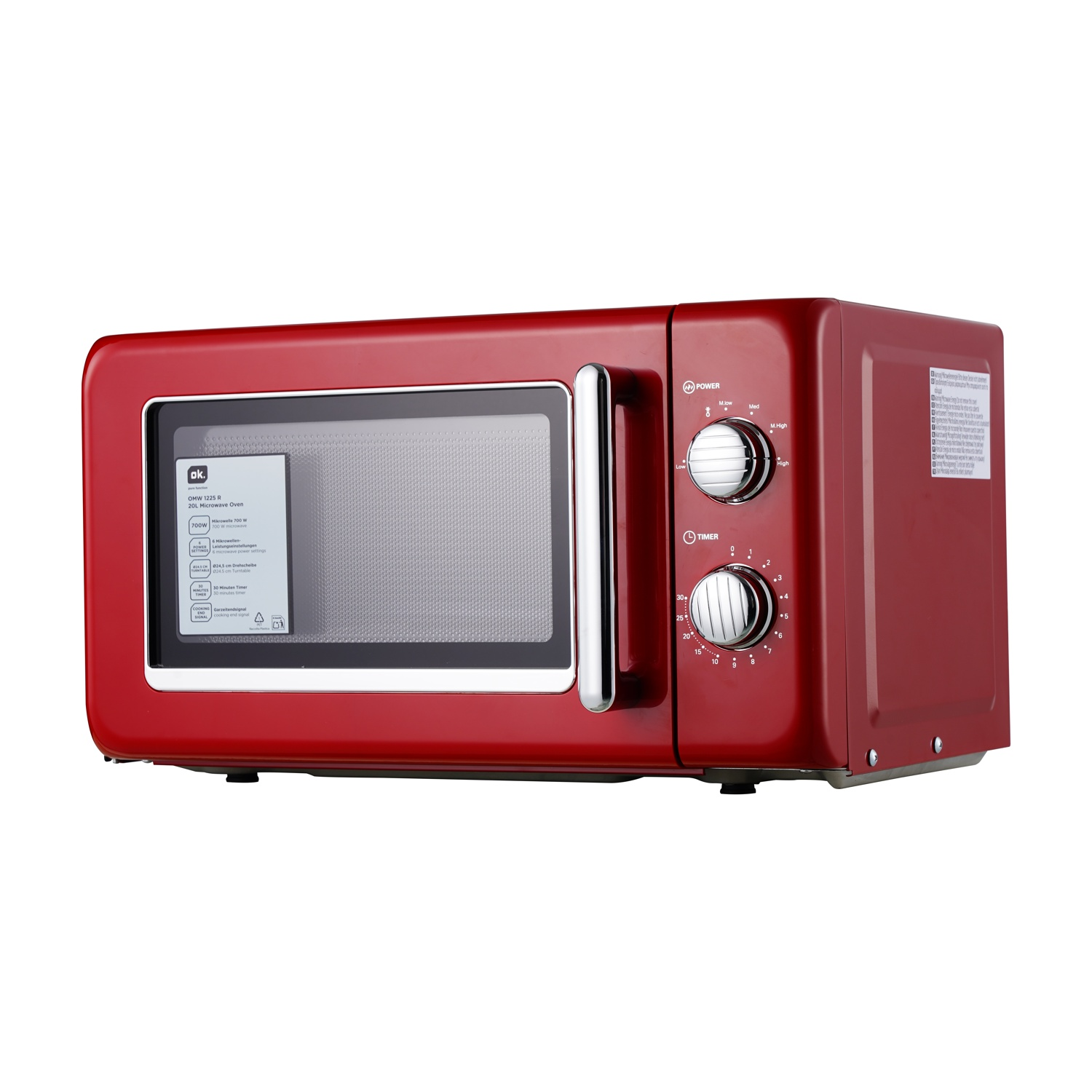 Un forno a microonde rosso con maniglia e comandi argentati. Ha una porta a vetri e un'etichetta laterale, isolato su bianco.