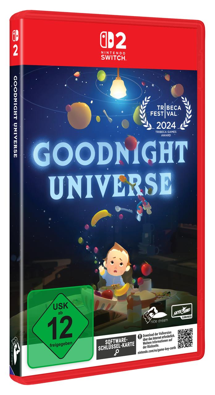 Nintendo Switch Spielhülle für Goodnight Universe. Mit Kinderfigur, Früchten und dem Tribeca Games Award Logo.