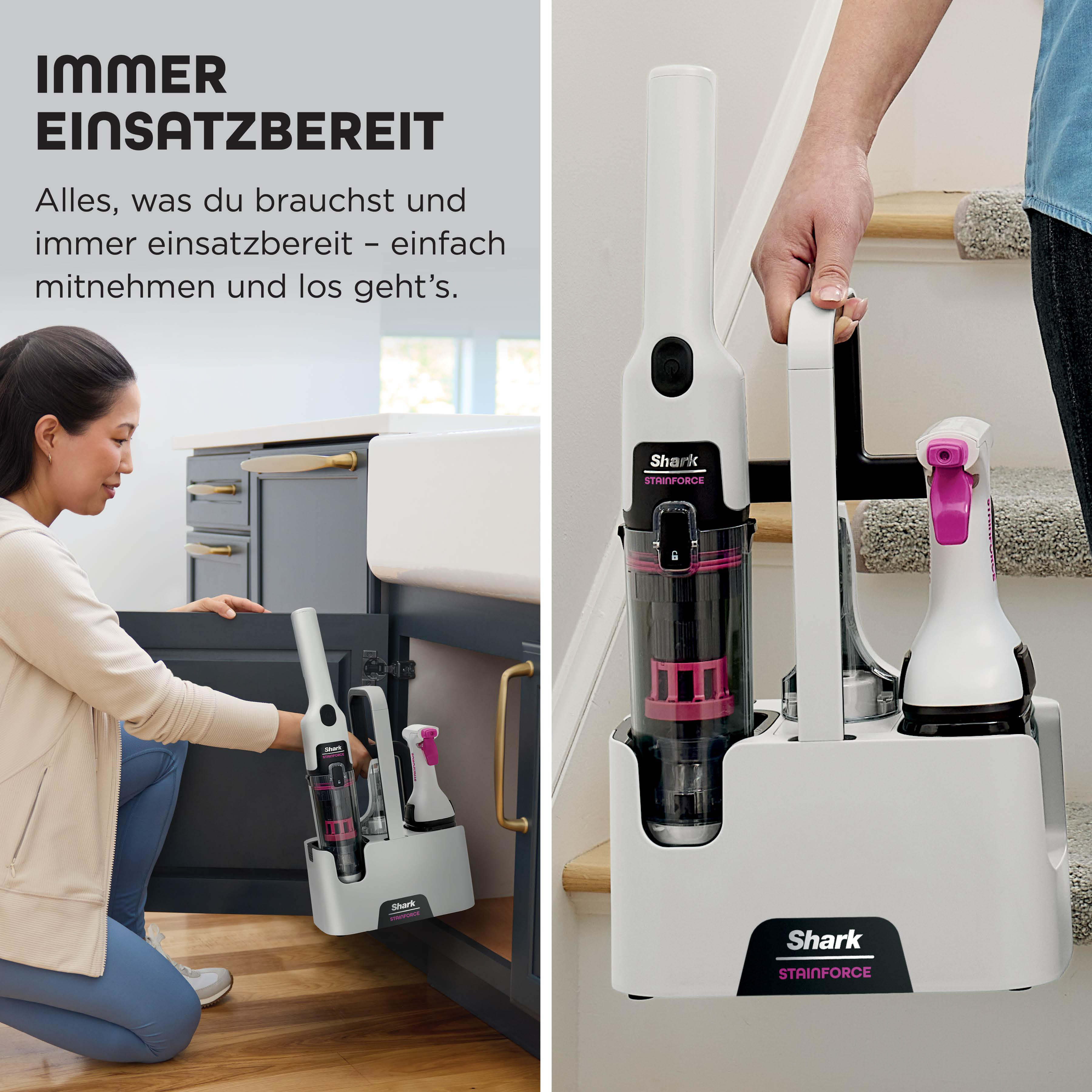 Das Bild zeigt Reinigungsprodukte. Eine Frau und ein Mann halten die Produkte. Eines ist auf dem Boden und eines auf der Treppe.