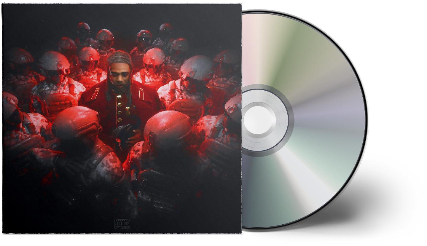 Albumcover zeigt einen Mann in roter Jacke, umgeben von Figuren in Helmen. Rechts ist eine CD.