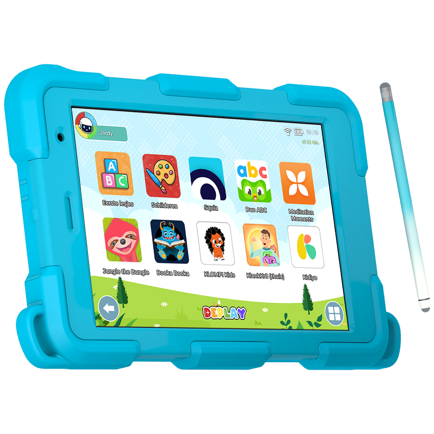 A blue tablet with a stylus. The screen displays colorful apps for kids. The tablet is in a protective blue case.