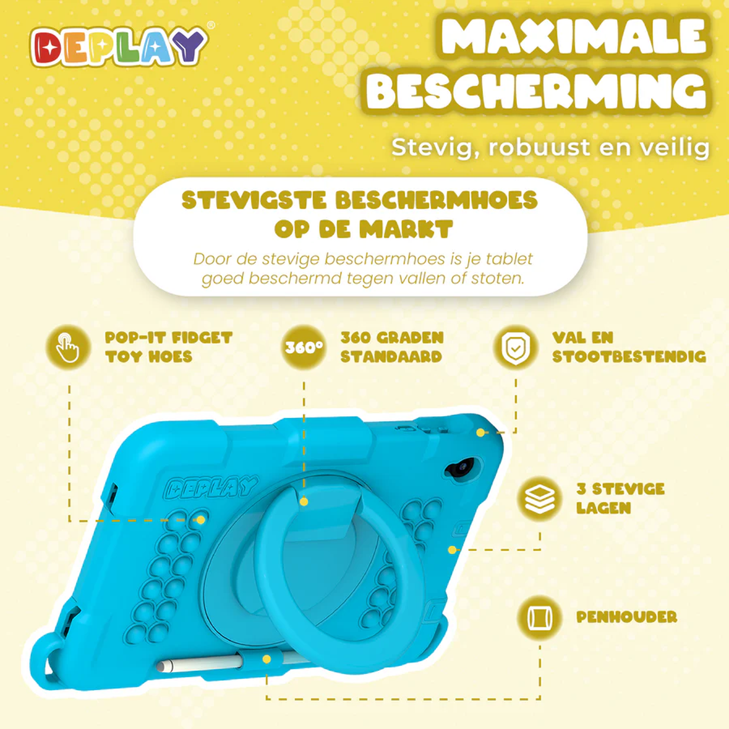 A blue tablet case with a ring holder, a pen holder, and the text 'DEPLAY'. It claims to provide maximum protection.