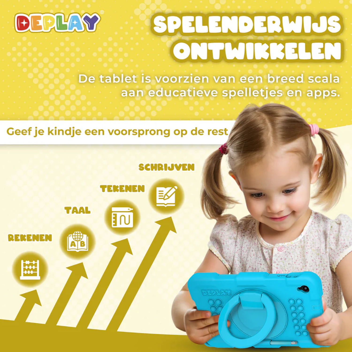 A young girl holds a blue tablet. Arrows point to writing, drawing, language, and math icons. Yellow background with text.