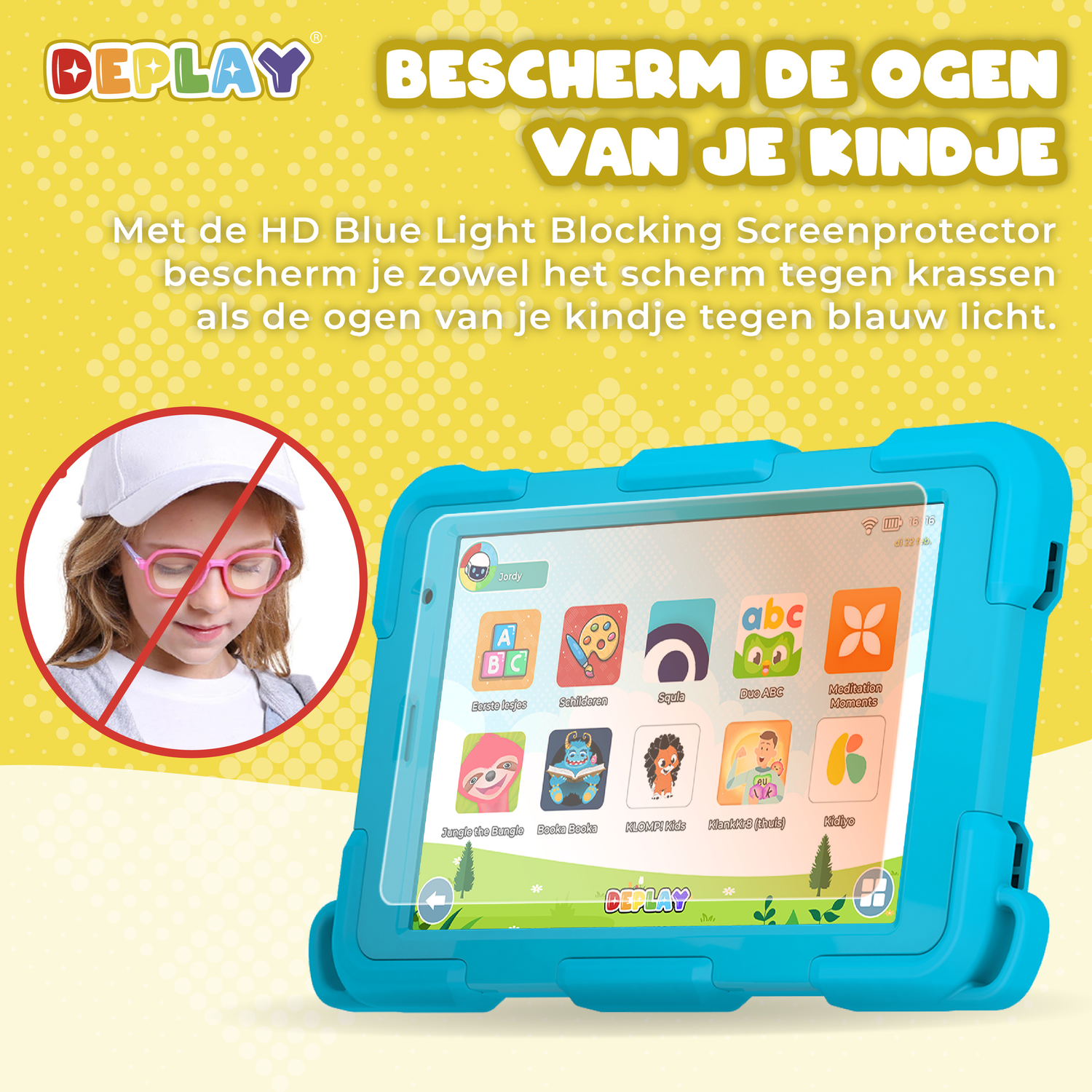 A child wearing glasses is crossed out. A blue tablet displays apps. Text promotes screen protector for eye protection.