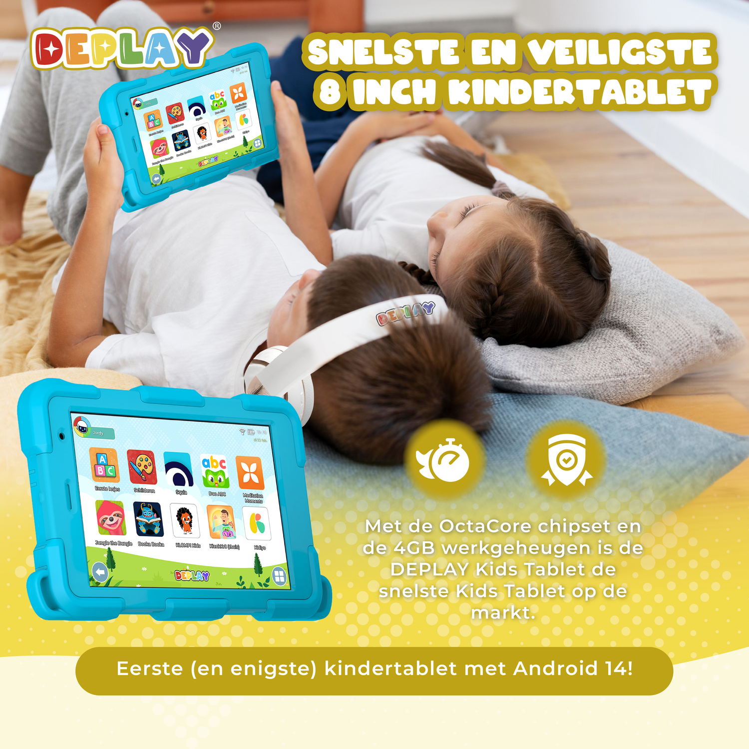 Two children lie down, holding blue tablets. Text on tablet and background. The tablets are Deplay brand, with app icons on screen.