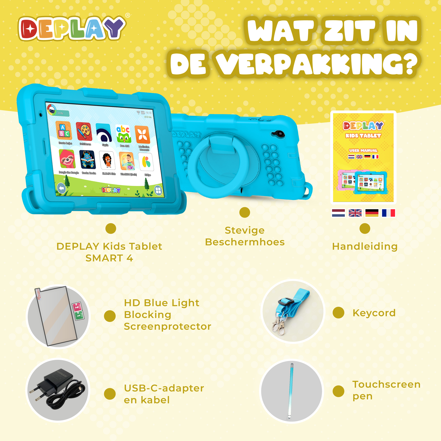 Image shows a blue tablet, accessories, and a user manual. Labels include 'tablet', 'screen protector', and 'keycord'.