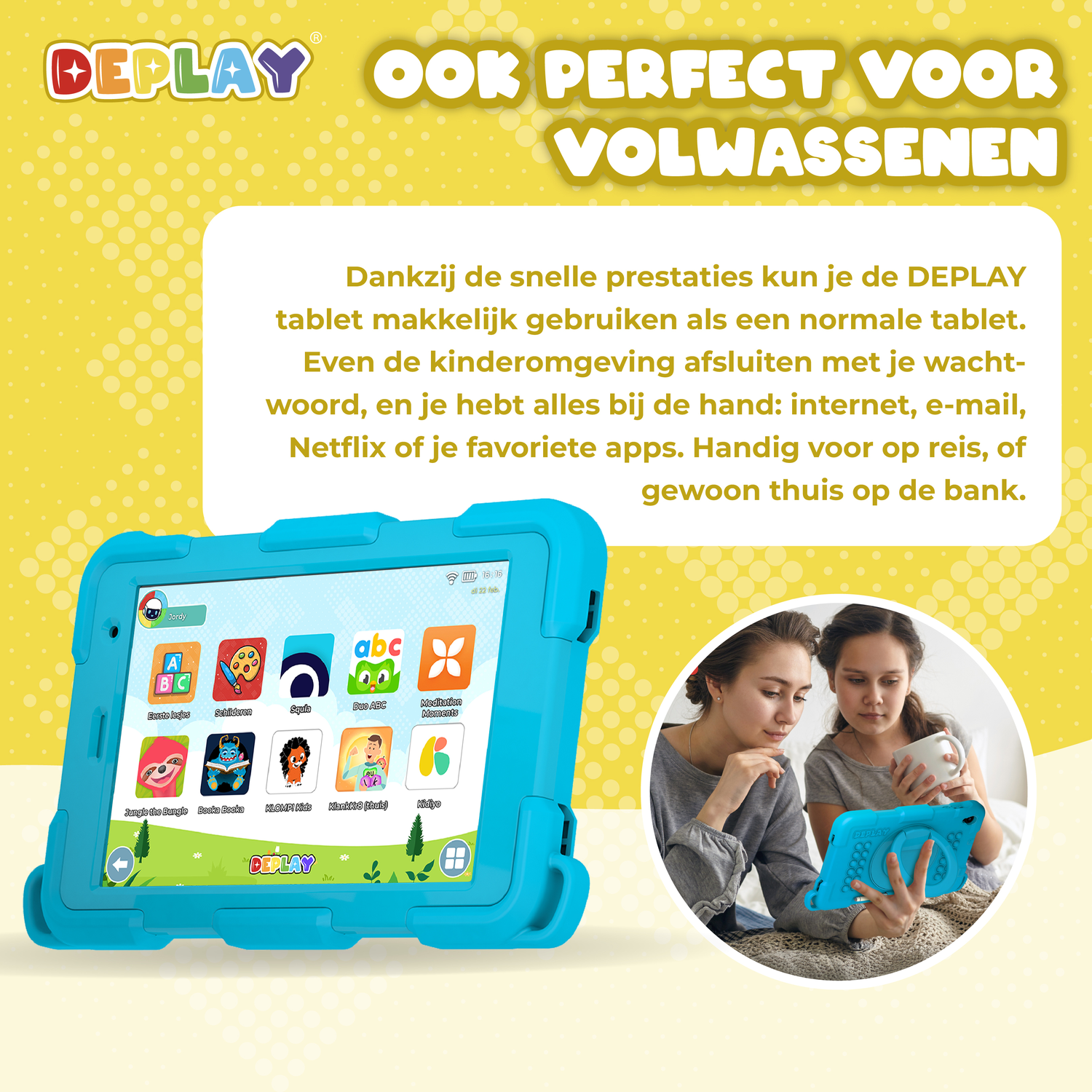 Two women looking at a blue tablet. The tablet has colorful apps. Yellow background with text and the DEPLAY logo.